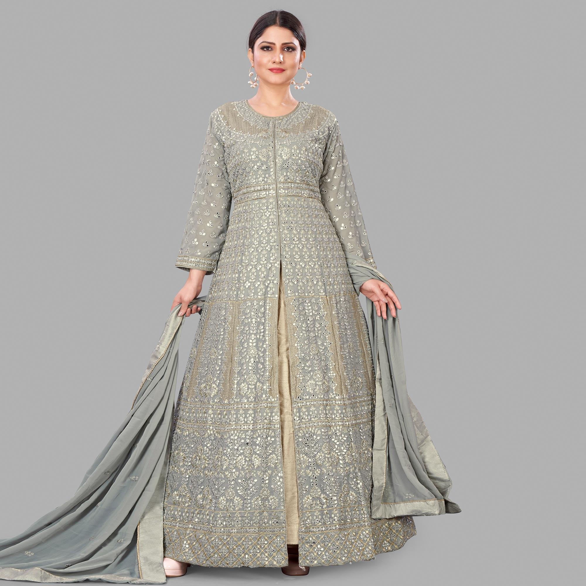 Peachmode Seller Grey Partywear Embroidered Heavy Faux Georgette A line Anarkali suit