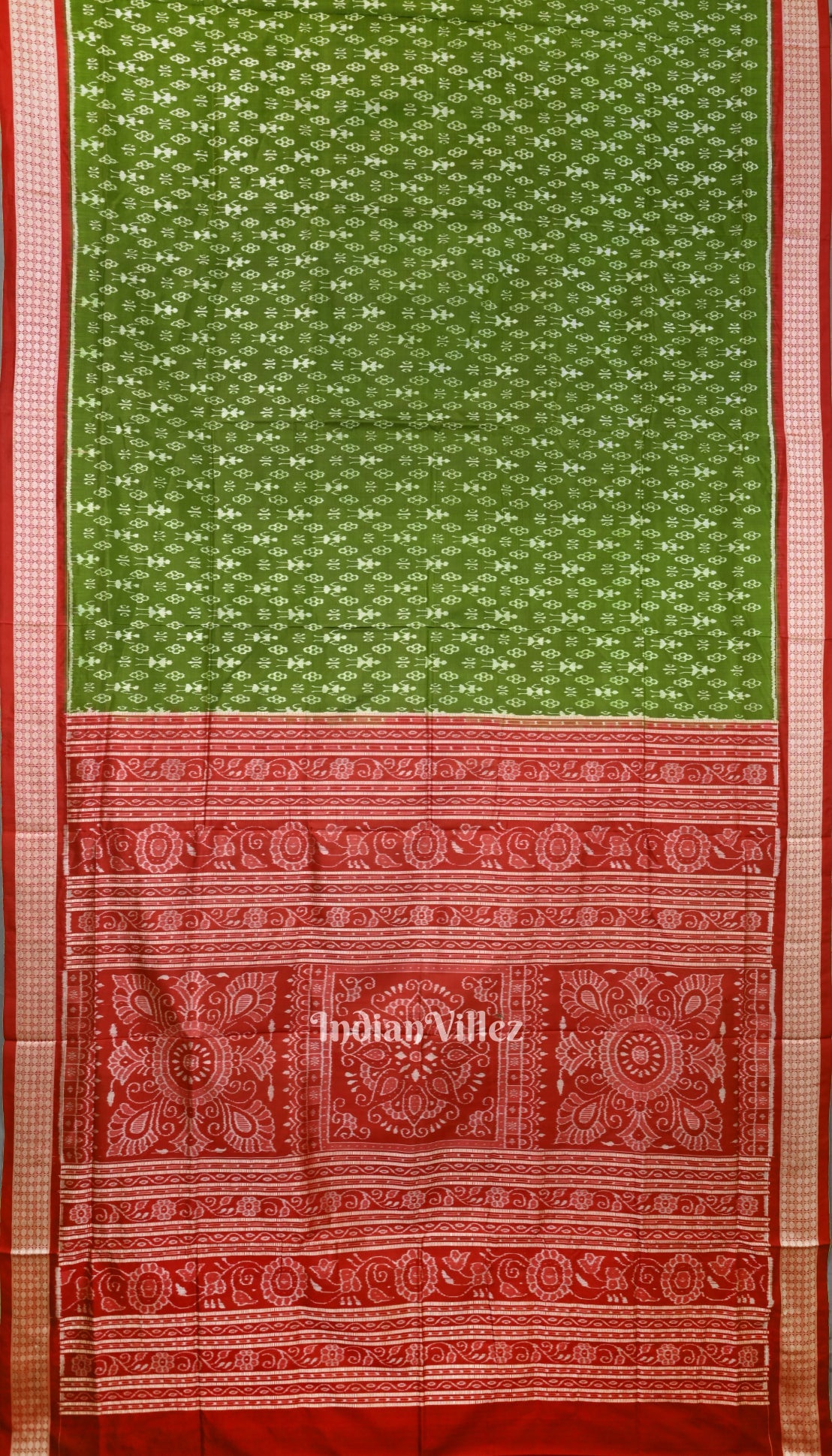 IndianVillèz Dark Green With Red Anchal Tribal Theme Sambalpuri Silk Saree - view 2