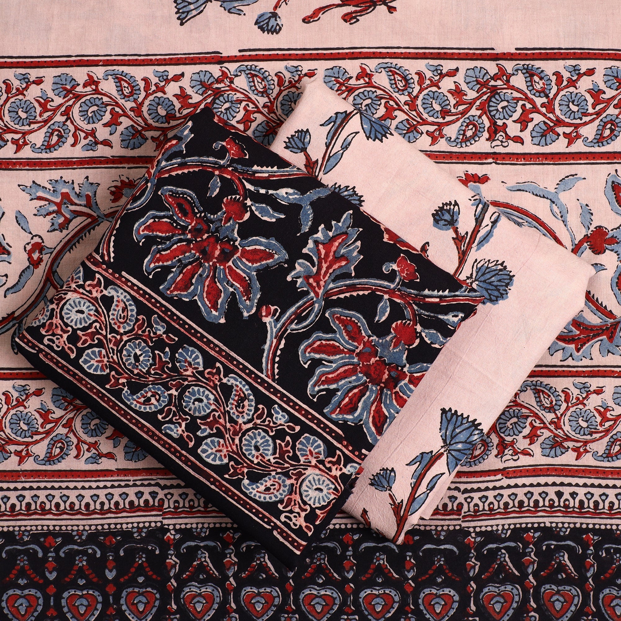 AJRAKH BY JABBAR KHATRI Black - 3pc Ajrakh Block Printed Natural Dyed Cotton Suit Material Set 12 - view 2