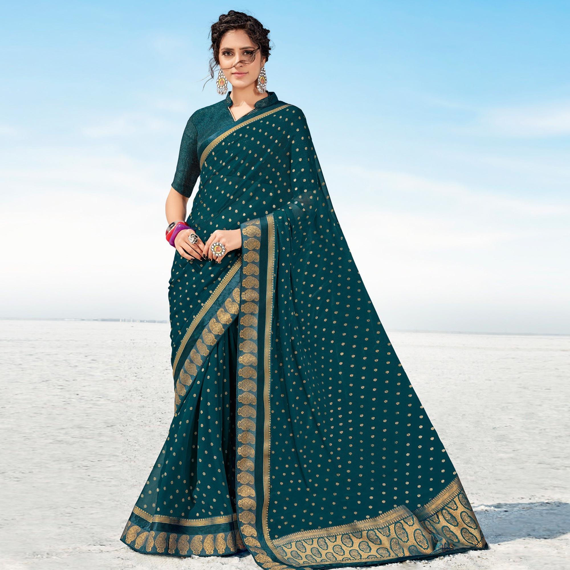 Peachmode Cobalt Blue Festive Wear Woven Georgette Saree
