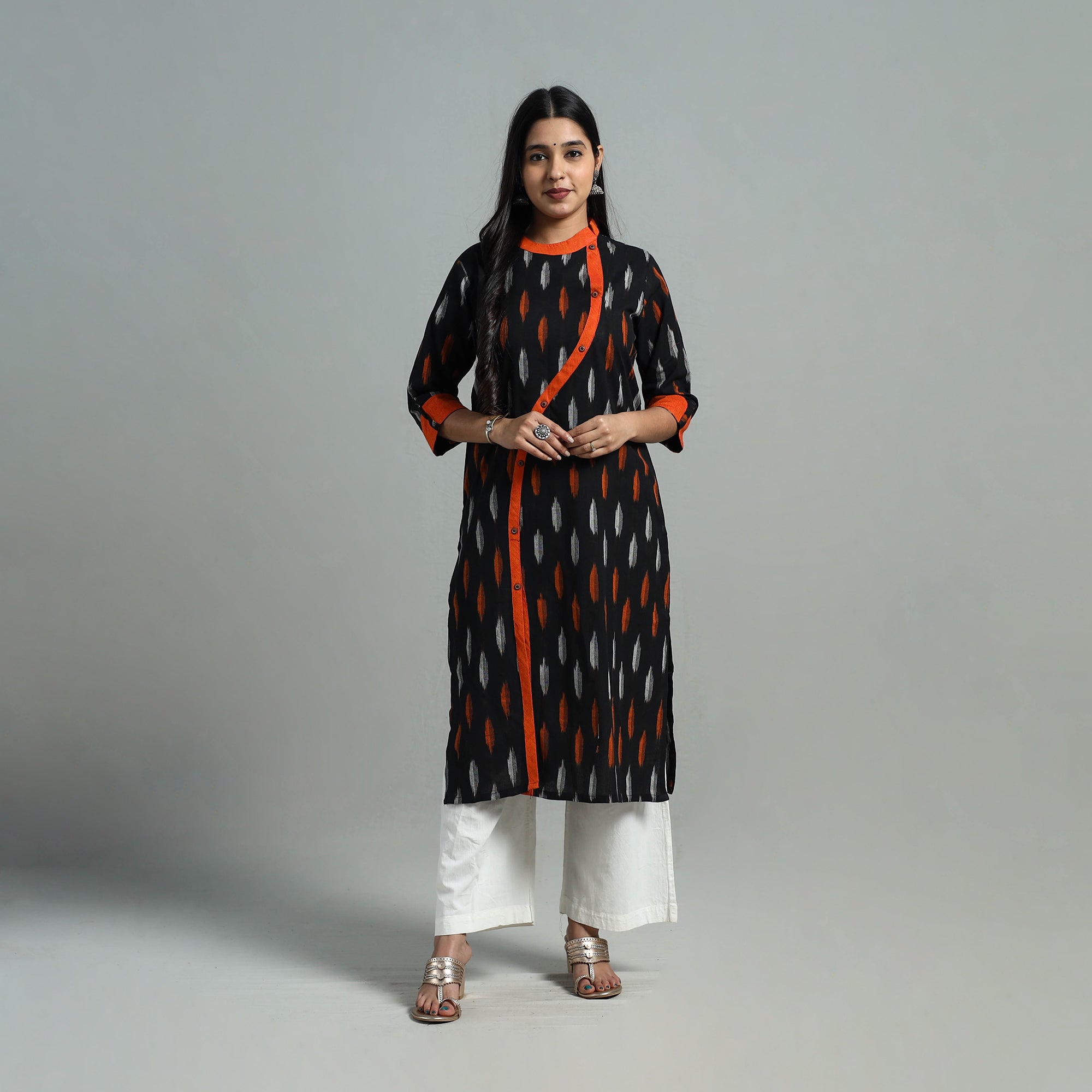DARAM Black - Angrakha Cotton Straight Pochampally Ikat Kurta 13 - view 2
