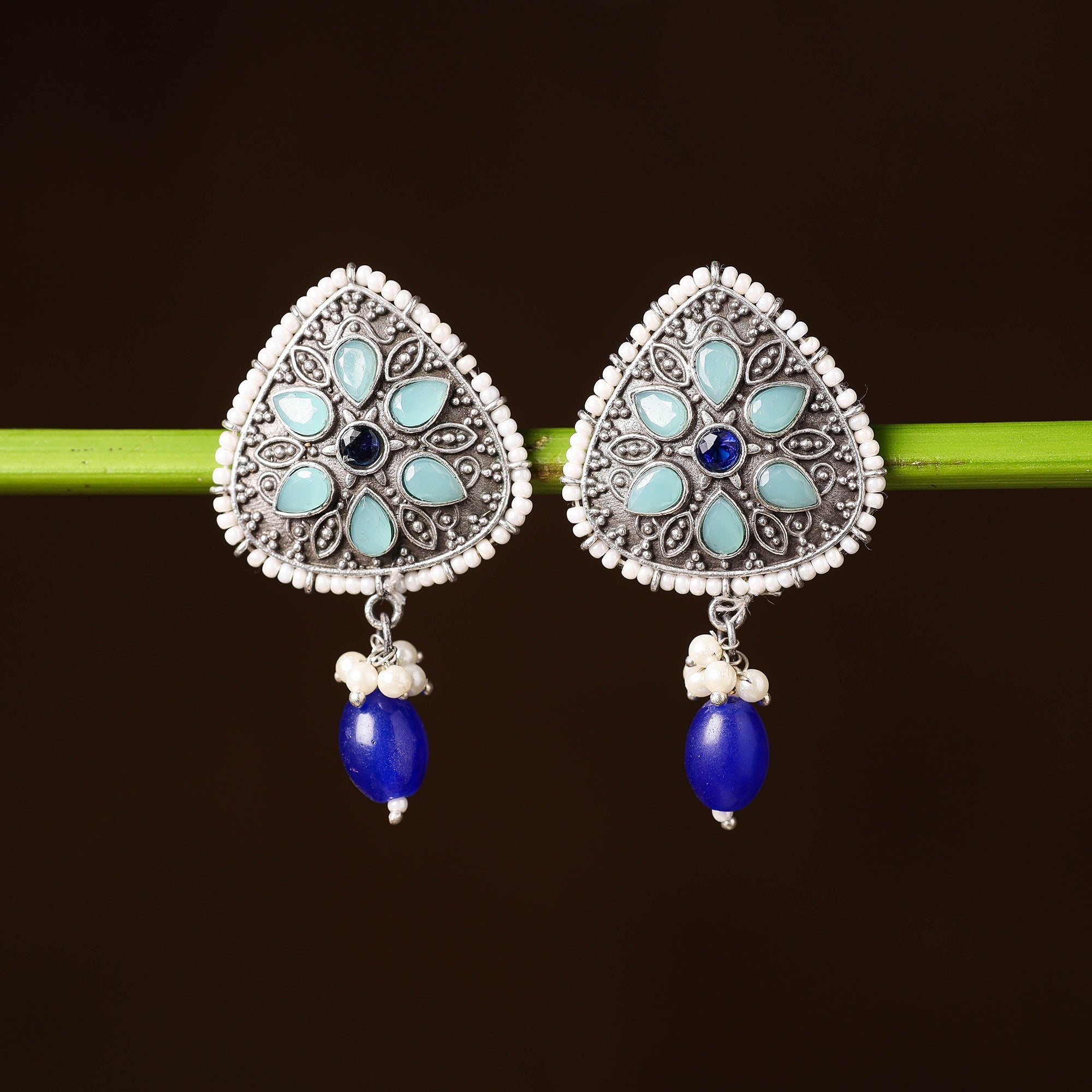 WHITE RIVER STORIES Antique Silver Finish Oxidised Brass Base Stone & Bead Work Earrings