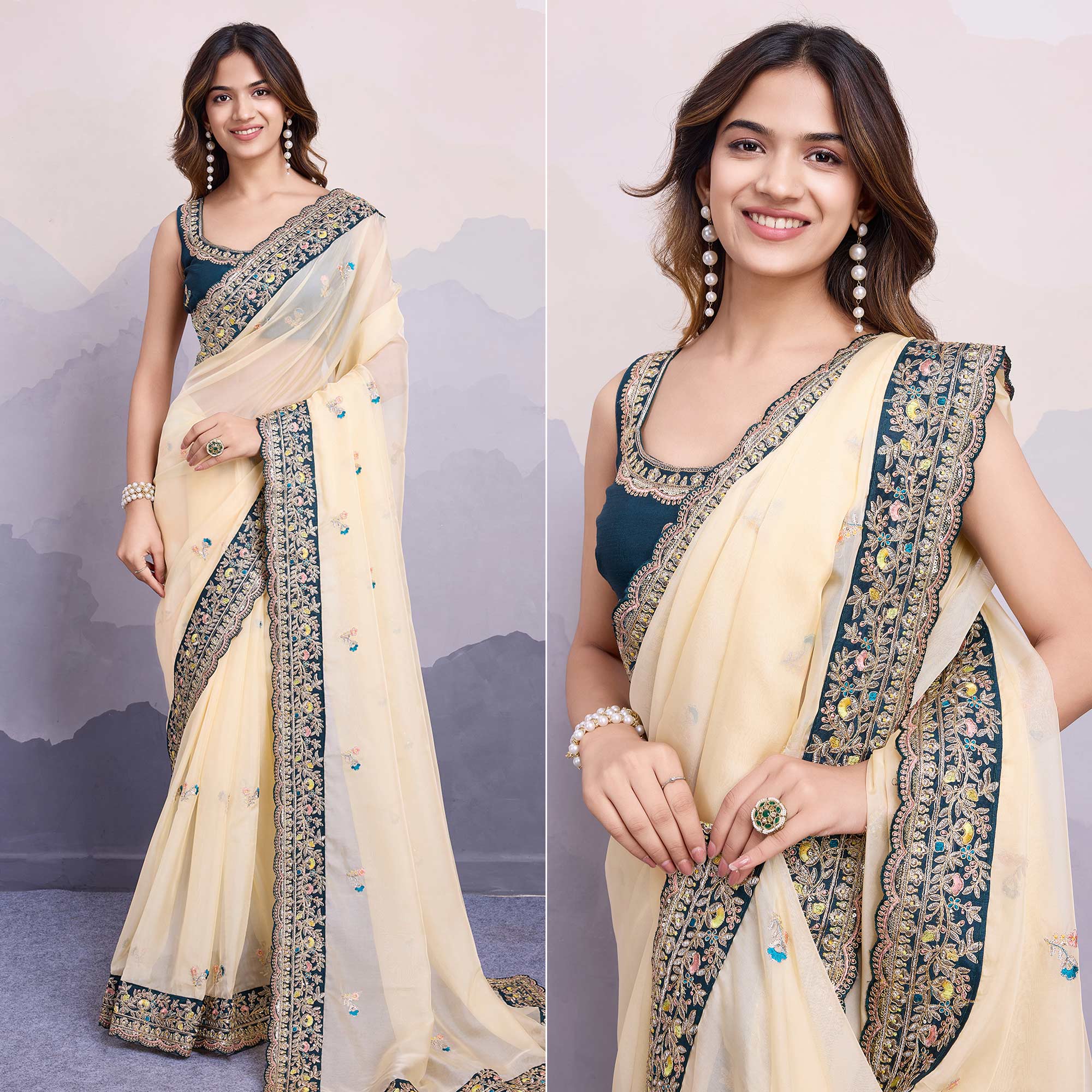 Peachmode Cream Floral Sequins Embroidered Organza Saree With Lace Border