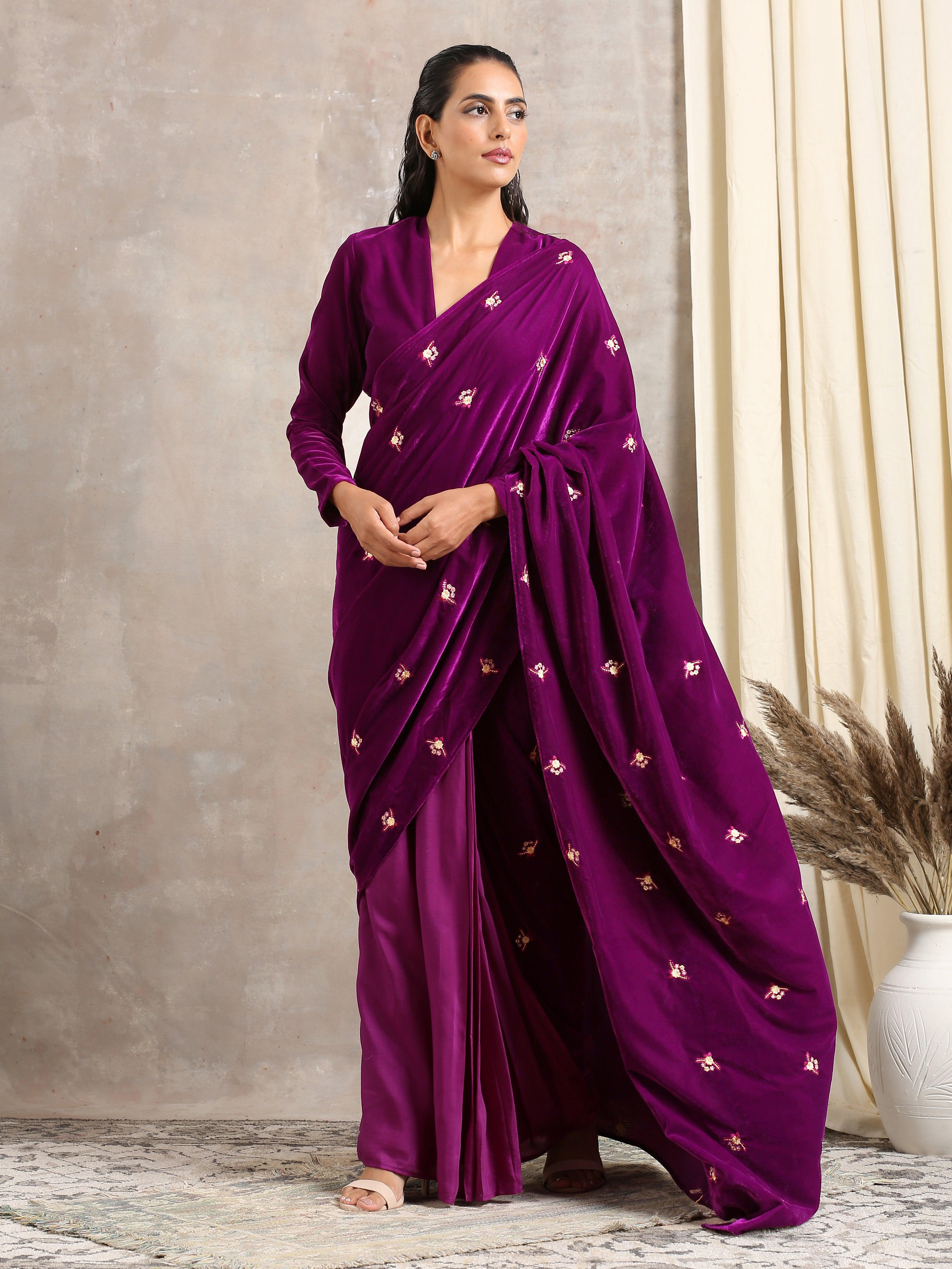 trueBrowns Wine Velvet Silk Embroidered Ready To Wear Saree