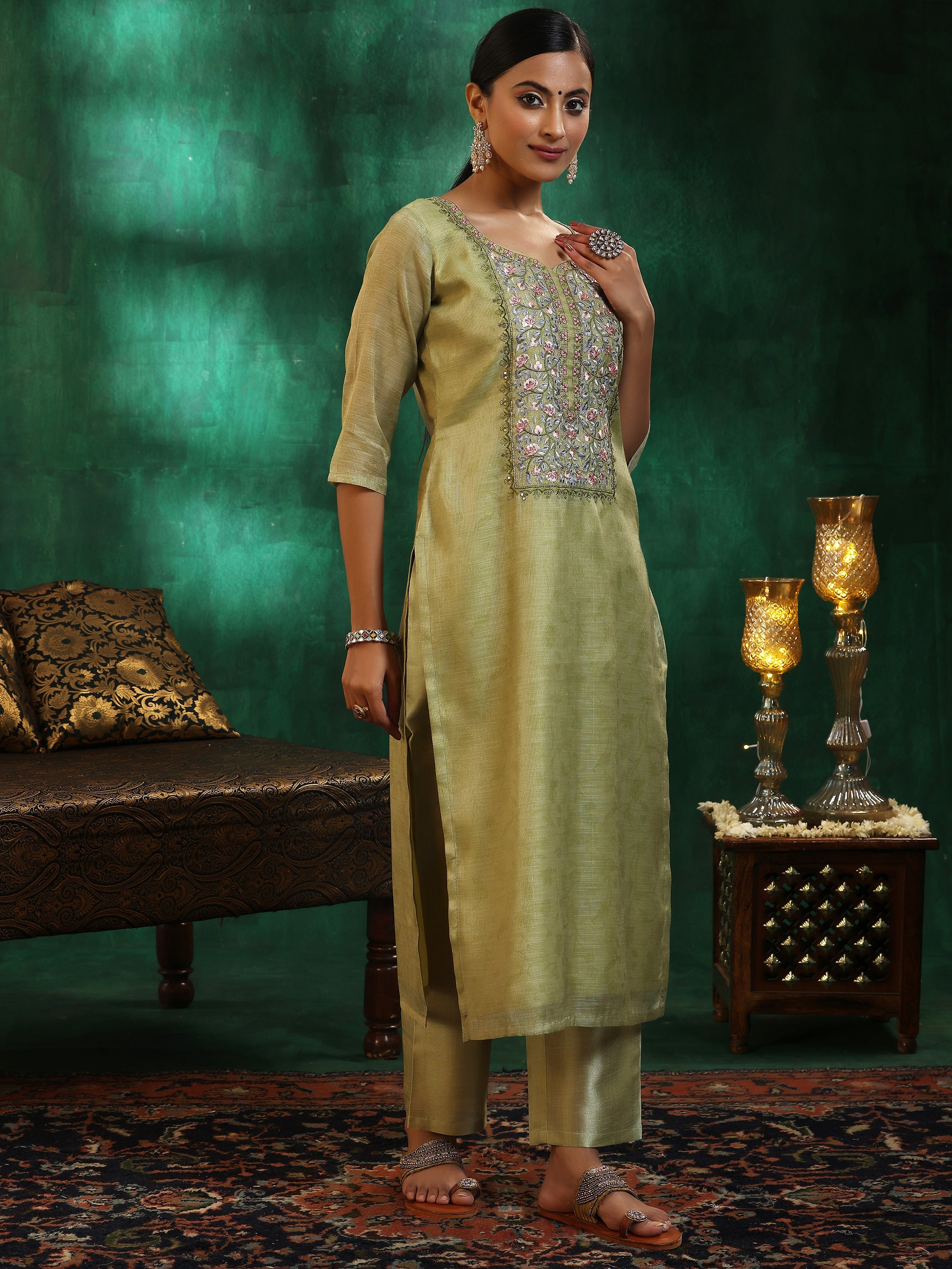 Libas Green Yoke Design Silk Blend Straight Suit With Dupatta - view 2