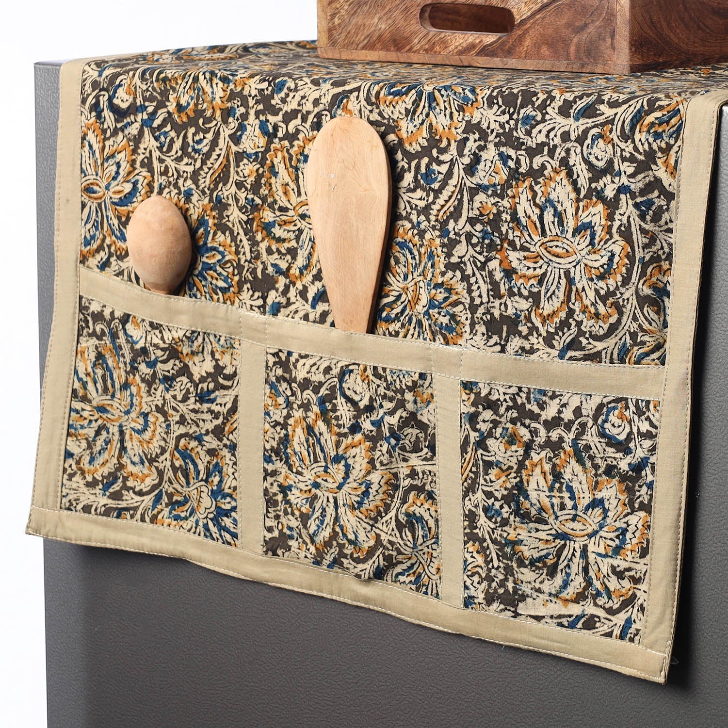 JALPARI Black - Kalamkari Block Printed Cotton Fridge Top Cover with Multiple Pockets - view 2