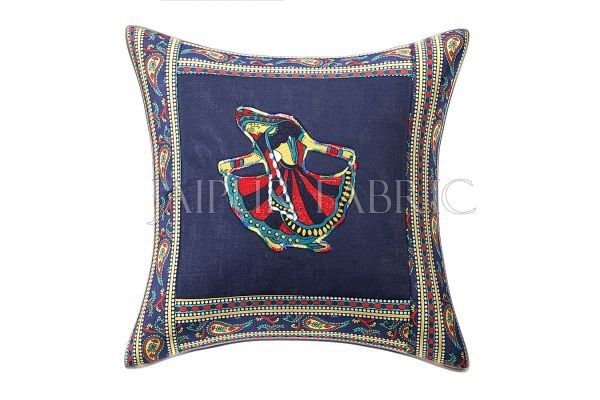 JaipurFabric® Blue Gujri Dance Design Patchwork & Applique Cushion Cover - view 3