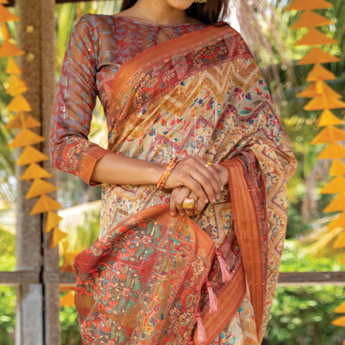 Peachmode Cream Digital Printed Linen Saree With Tassels - view 3