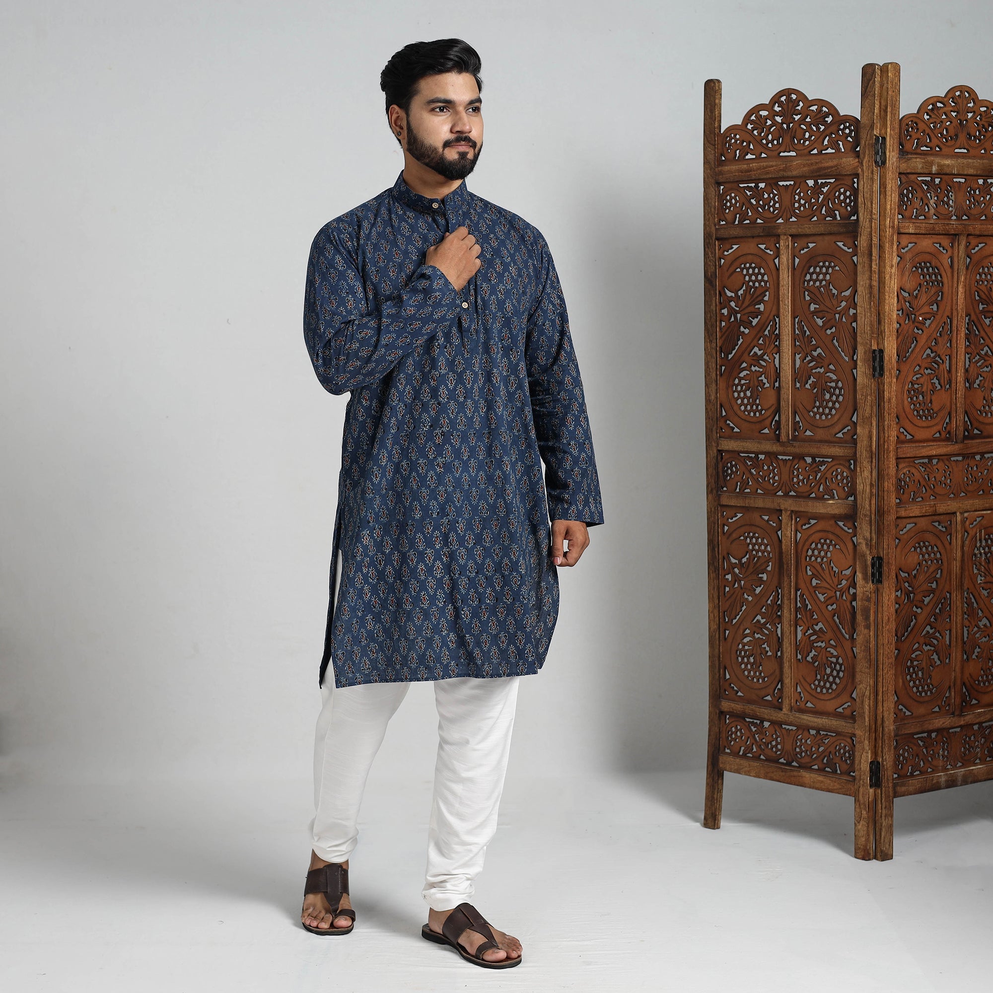 ITOKRI CASUALS Ajrakh Block Printed Cotton Men Long Kurta 13