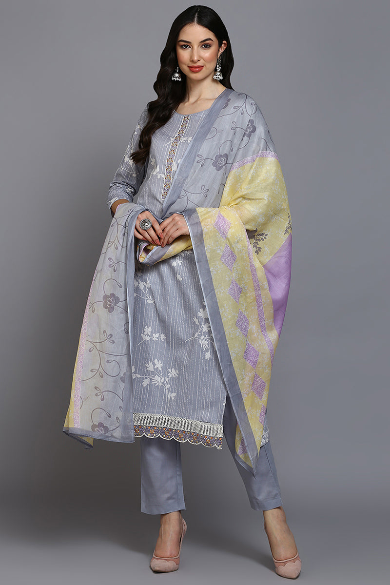 Ahika Grey Cotton Blend Floral Straight Suit Set VKSKD1884