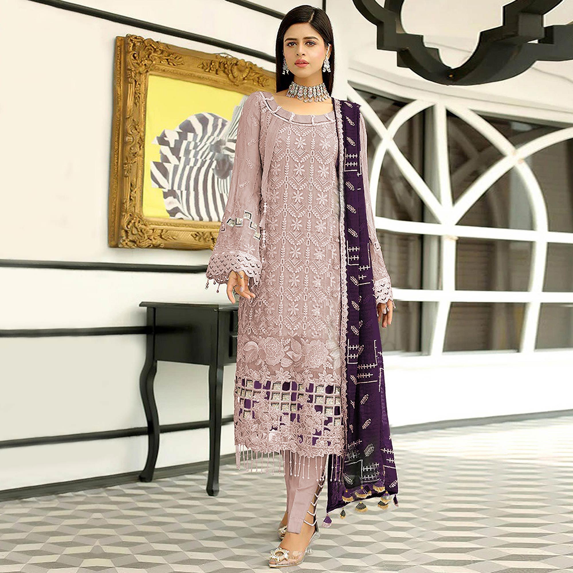 Peachmode Seller Mauve Floral Embroidered Georgette Pakistani Suit
