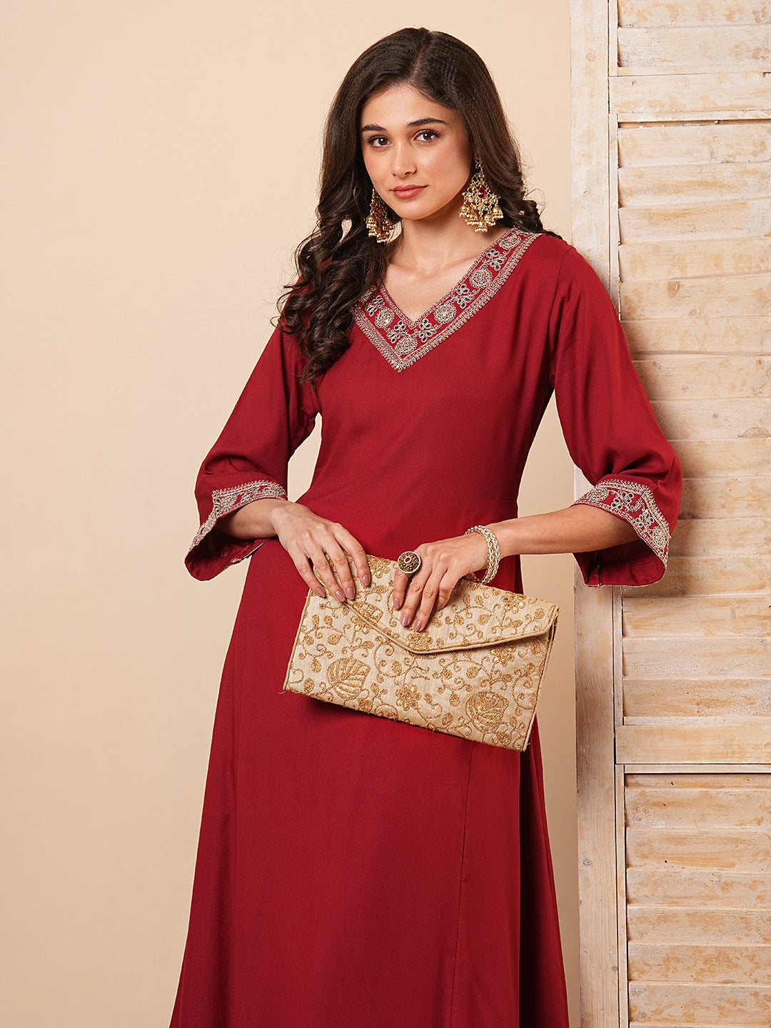 Fashor Solid Floral Embroidered Anarkali Kurta with Flared Palazzo- Maroon - view 3