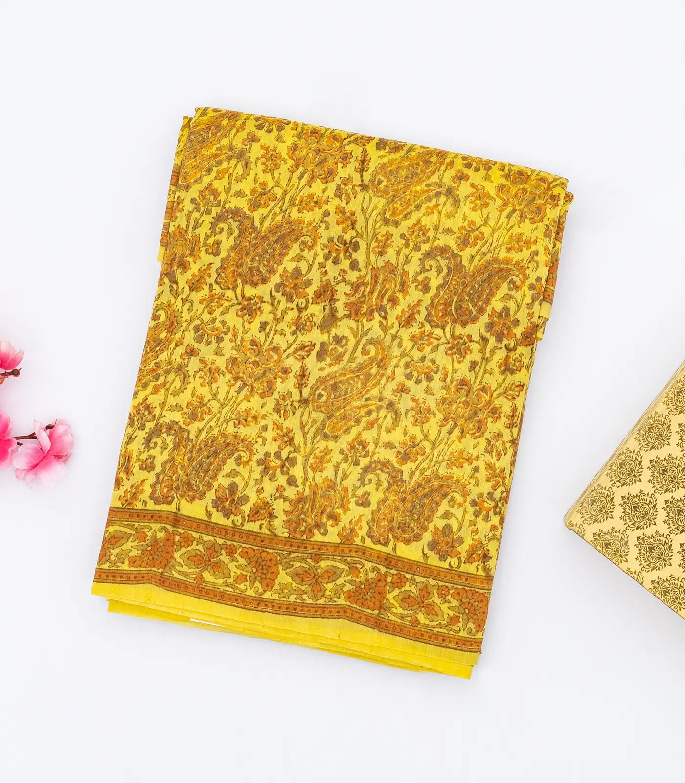 RmKV Mustard Handloom Chanderi Cotton Saree Printed With Floral Motifs