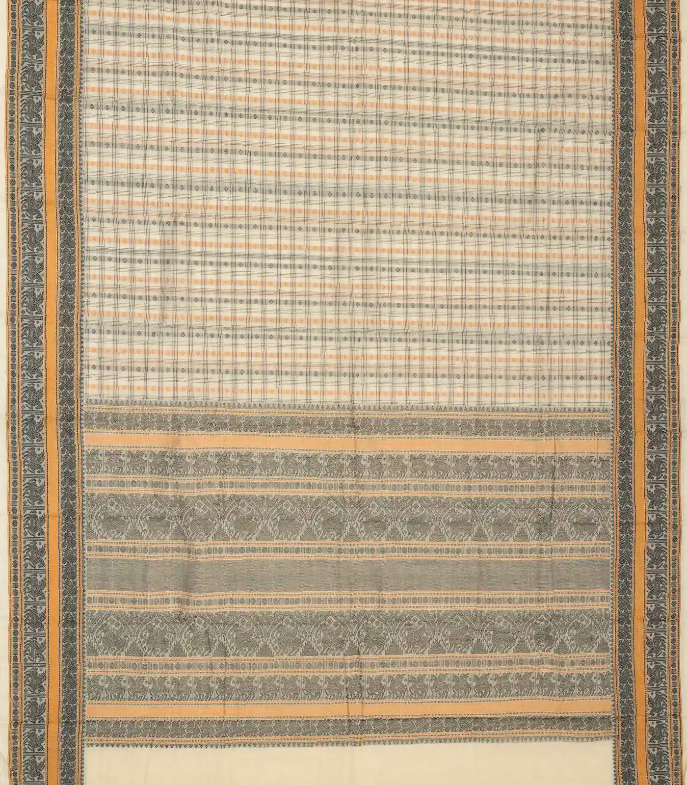RmKV Off White Handloom Kanchi Cotton Saree With Checks & Kamalam Motifs. - view 2