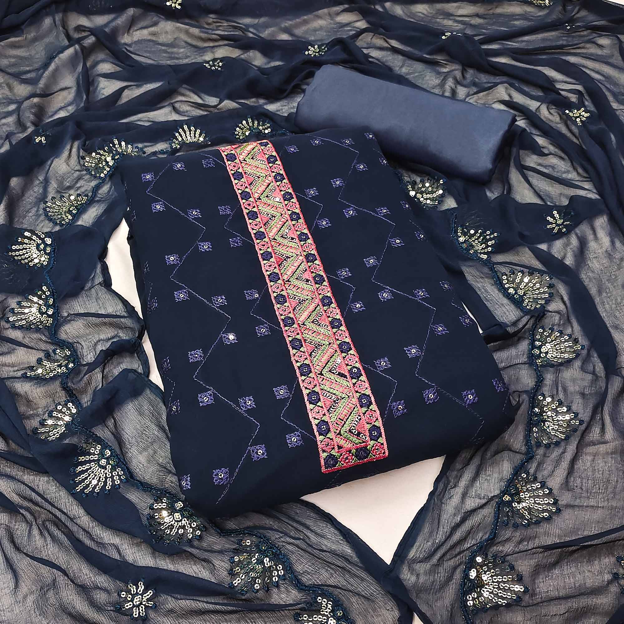 Peachmode Navy Blue Sequins Embroidered Georgette Dress Material