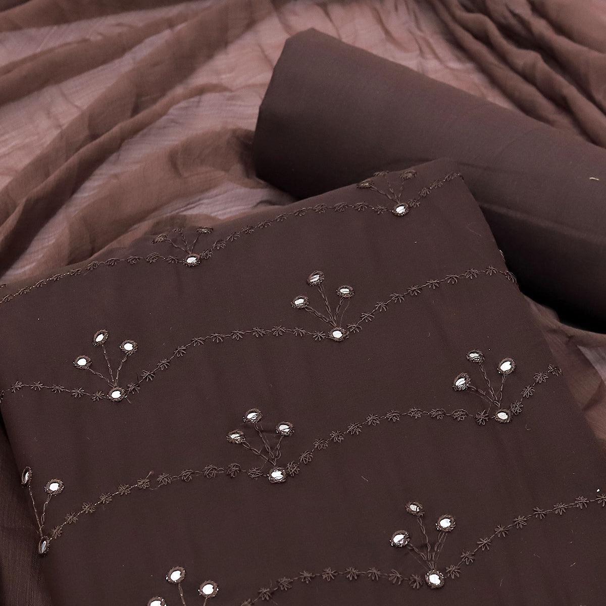 Peachmode Brown Embellished With Embroidered Georgette Dress Material - view 3