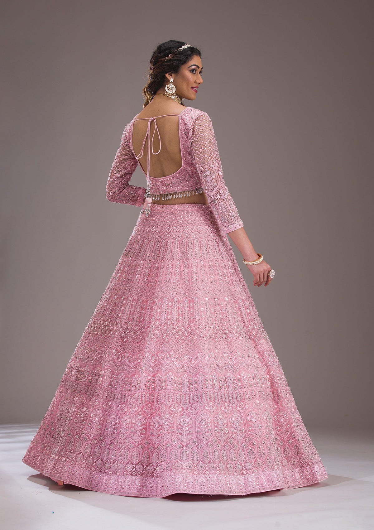 Koskii Baby Pink Silver Stonework Net Readymade Lehenga - view 3