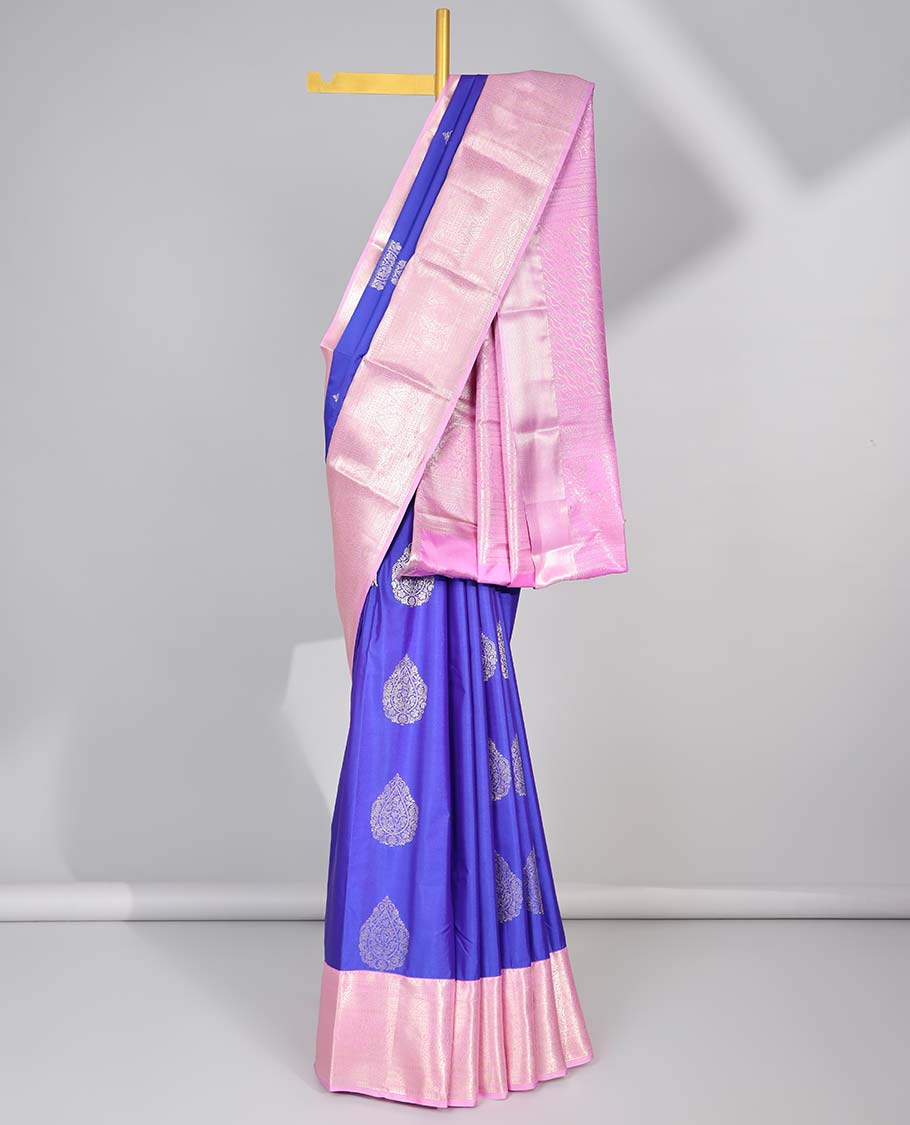 Pothys Blue floral motifs gift saree with contrast paisley border & intricate zari design pallu