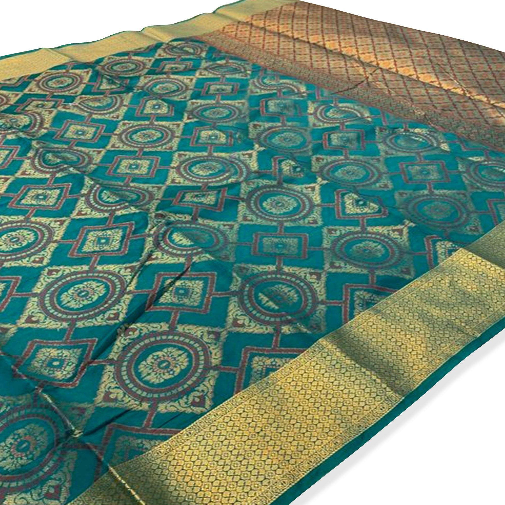 Peachmode Hypnotic Rama Green Colored Festive Wear Woven Silk Saree