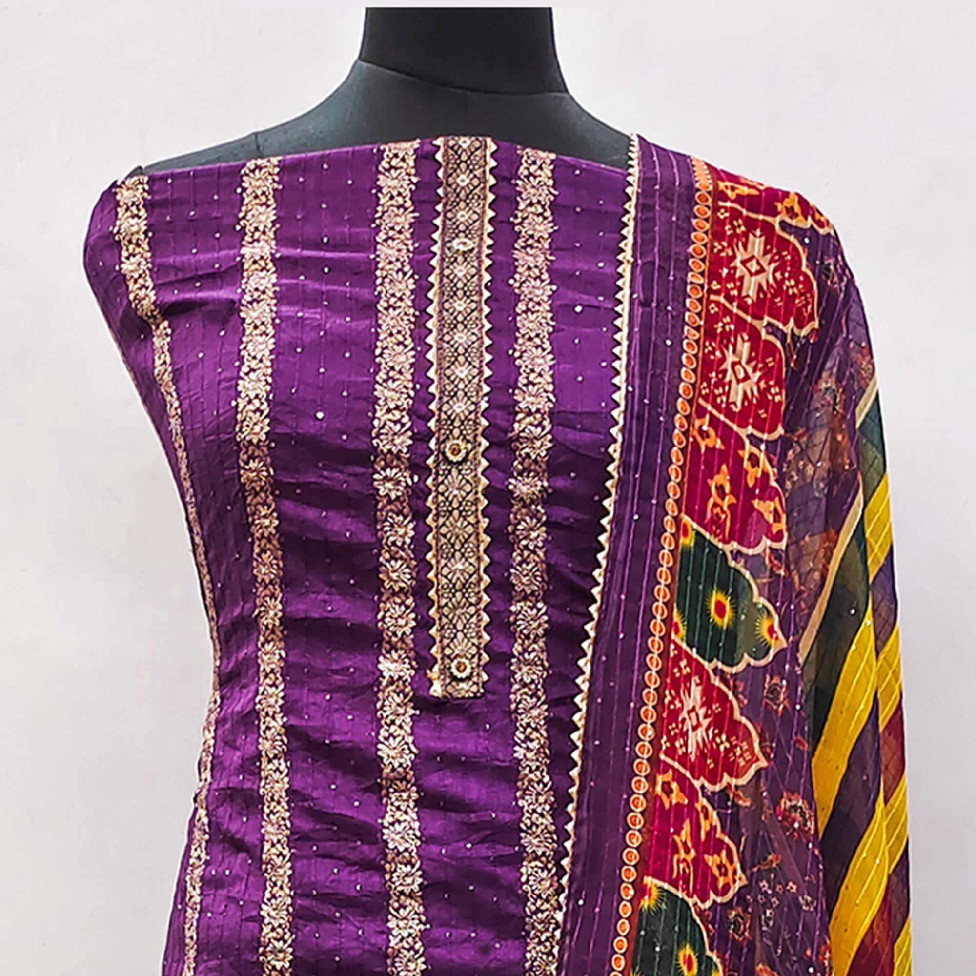 Peachmode Dark Purple Woven Banarasi Silk Dress Material - view 4