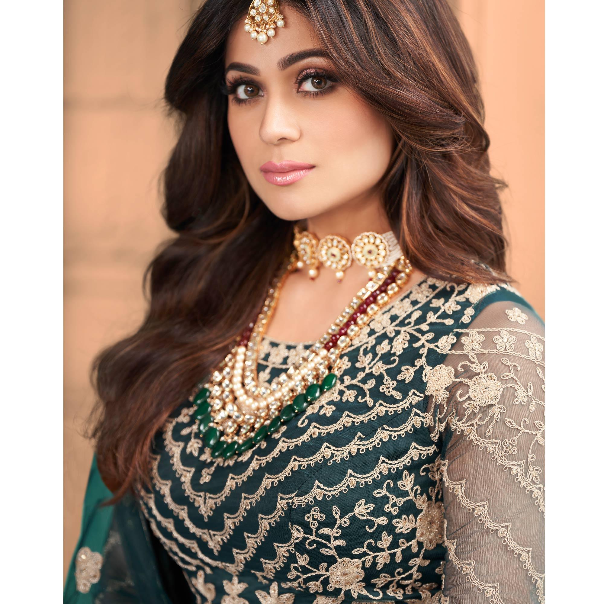 Peachmode Seller Dark Green Partywear Floral Embroidered Net Anarkali Suit - view 2