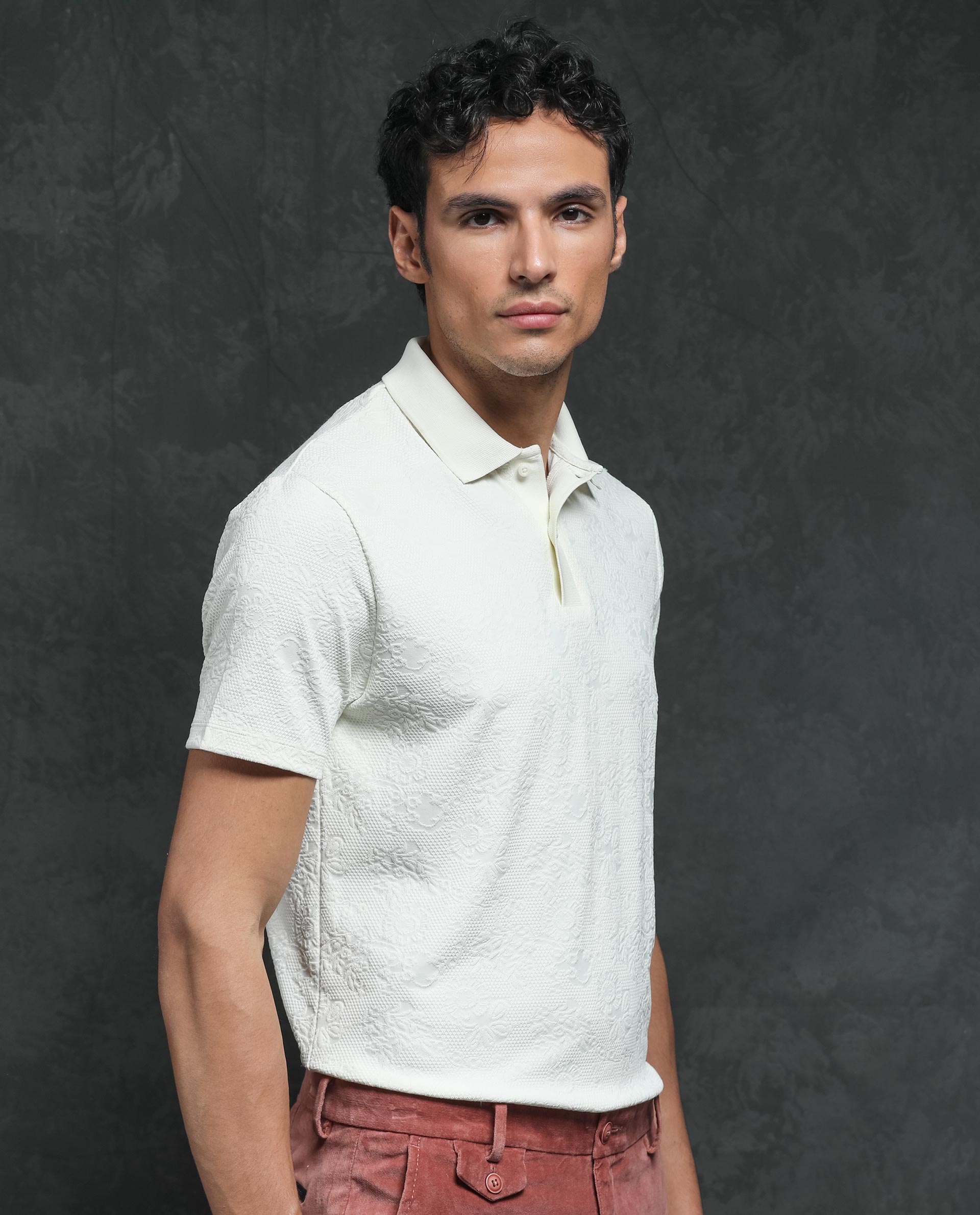 Rare Rabbit Men's Criuse Off-White Polyester Fabric Collared Neck Half Sleeve Floral Jacquard Polo T-Shirt - view 4