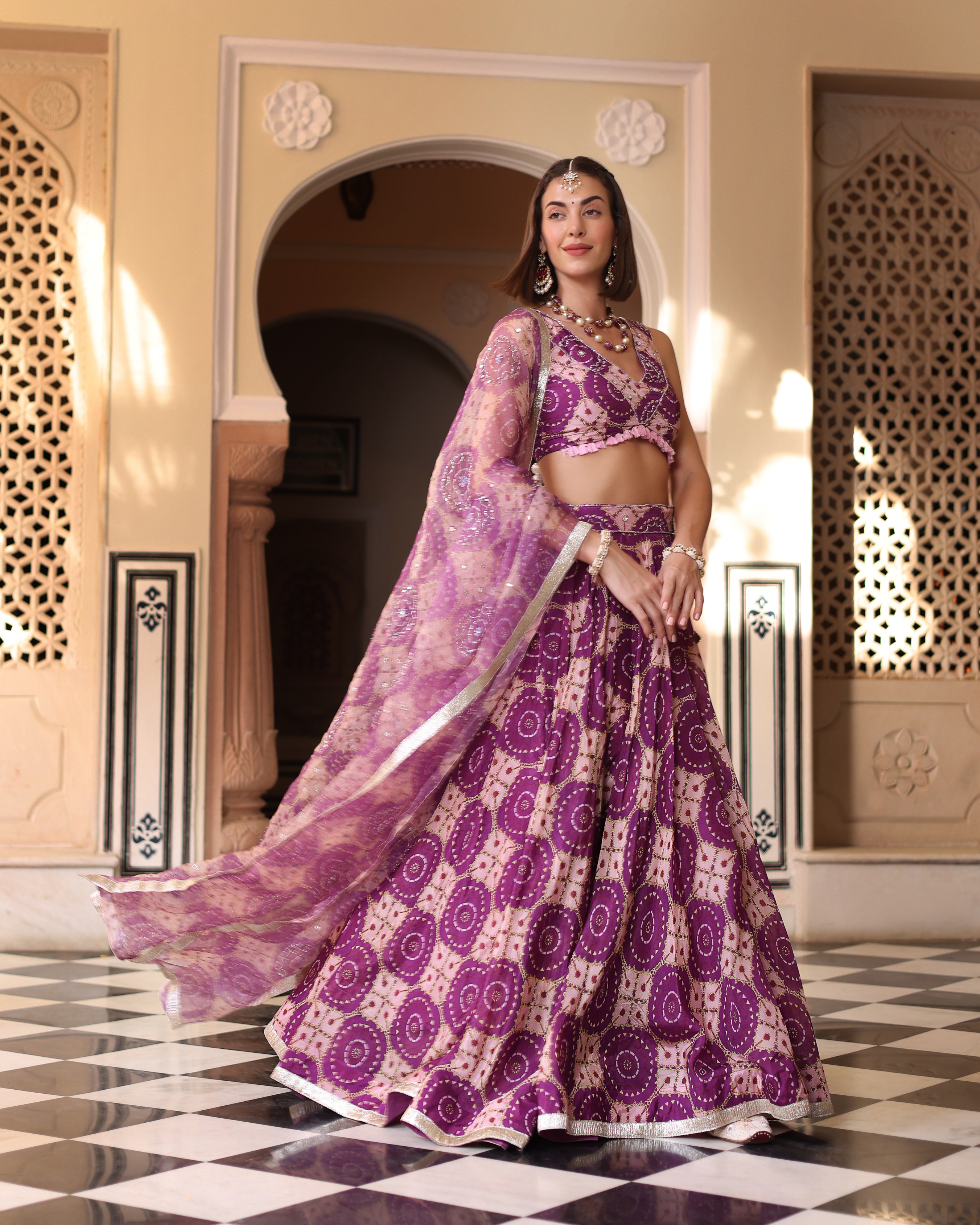 Aachho Lavender Printed Satin Lehenga Set – Women's - view 4