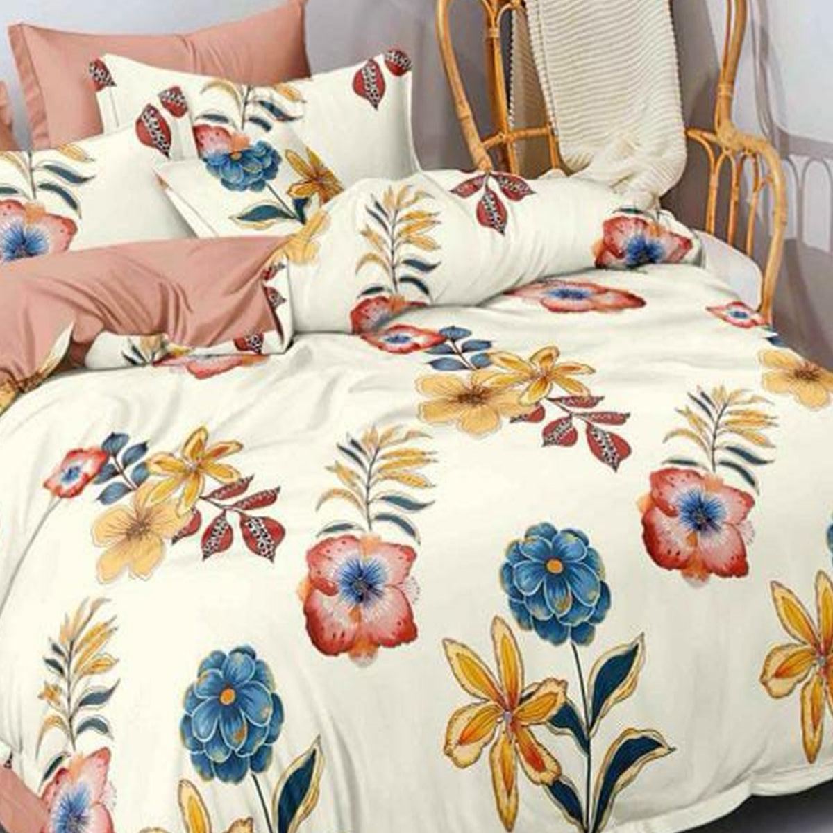 Peachmode Cream Floral Printed Cotton Blend Double Bedsheet With Pillow Cover - view 2