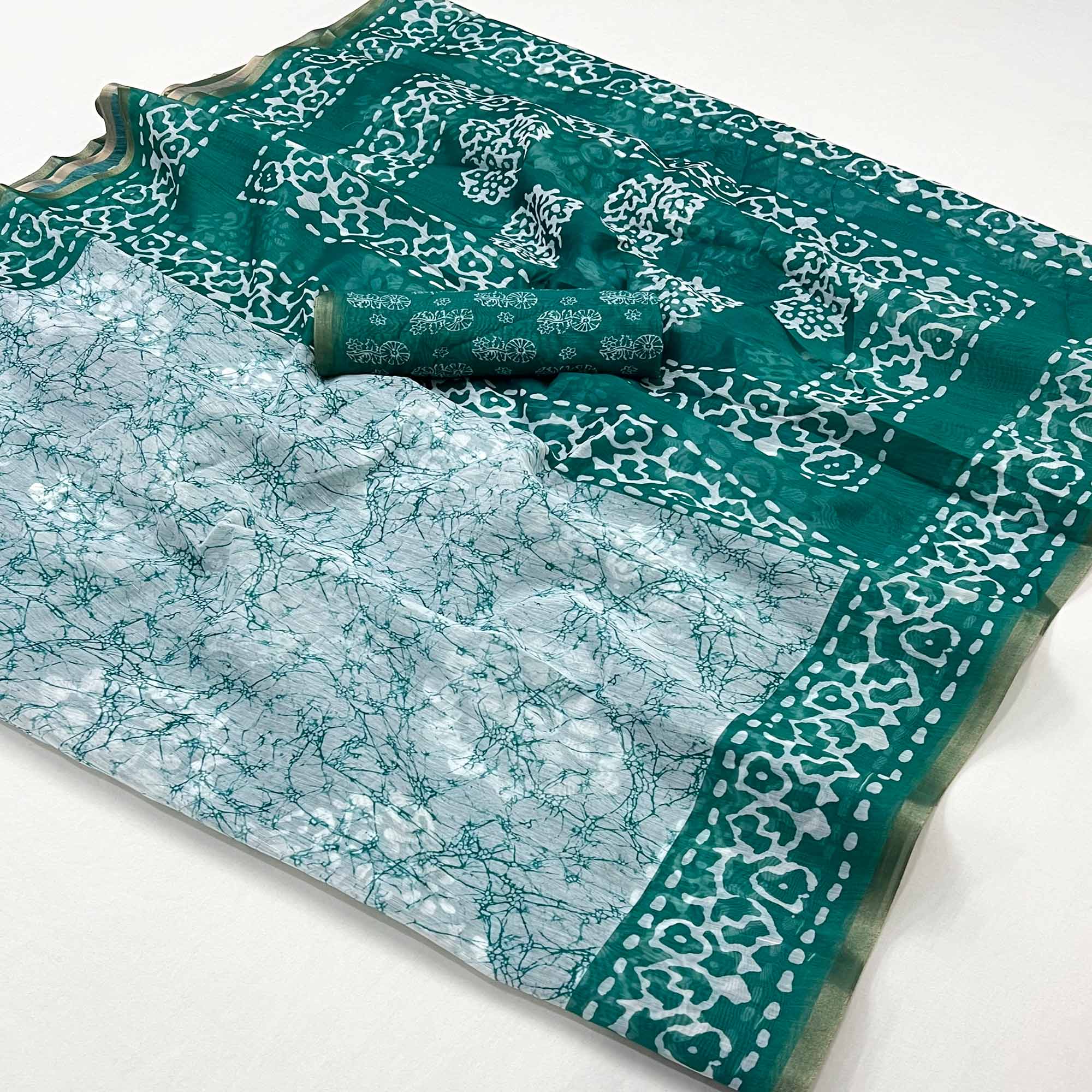 Peachmode Rama Green Digital Printed Linen Saree With Zari Border