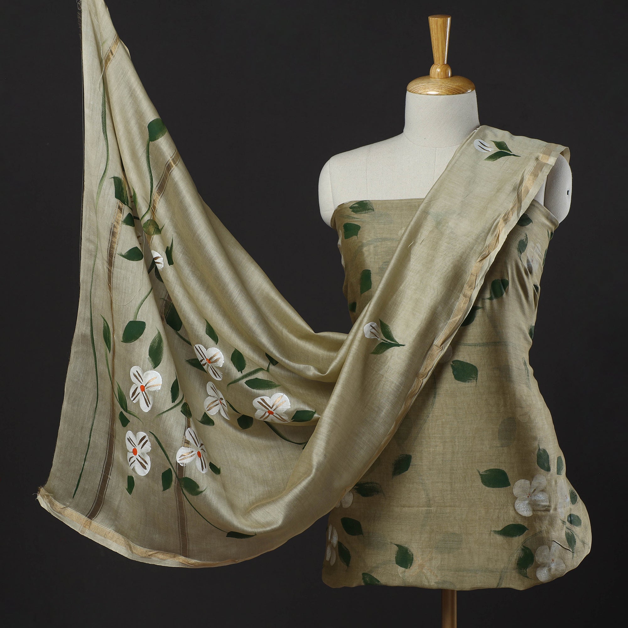 KUSUMLATA Beige - 3pc Hand Painted Chanderi Silk Suit Material Set 09