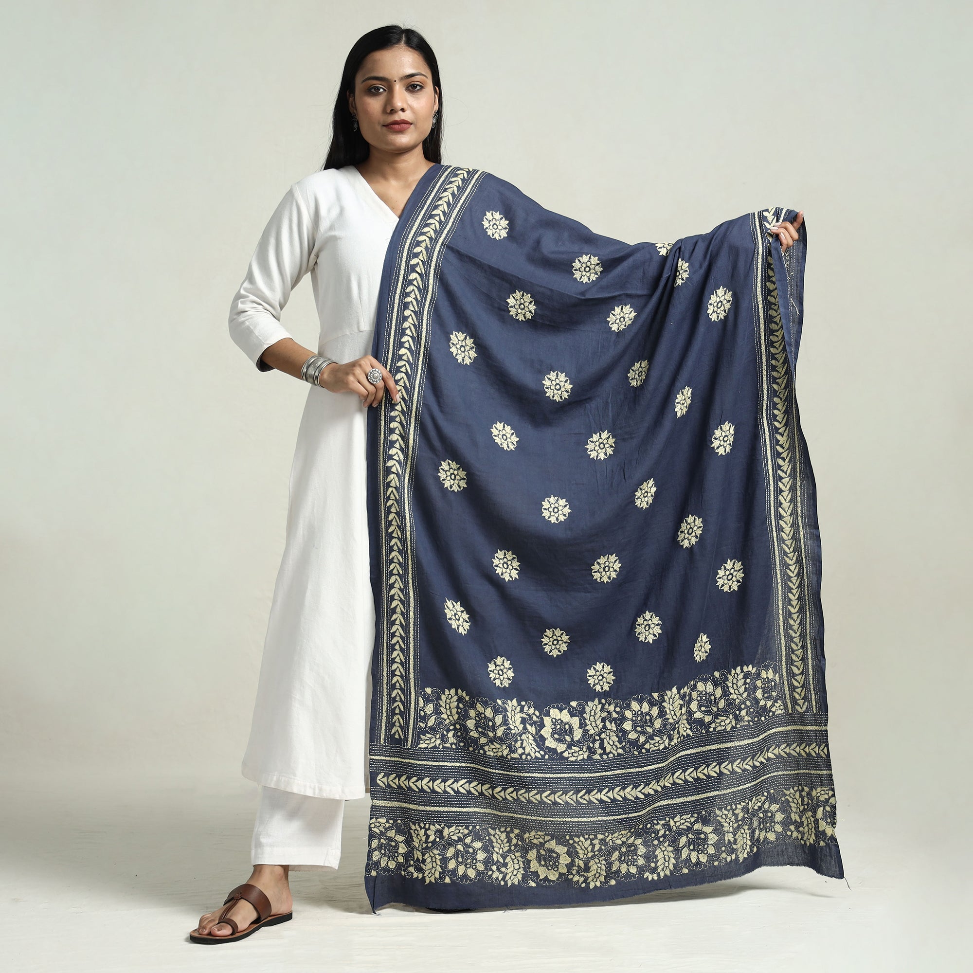 KHUSHBASH - HAPPY LOOM OF EAST Blue - Bolpur Kantha Embroidery Cotton Handloom Dupatta with Tassels