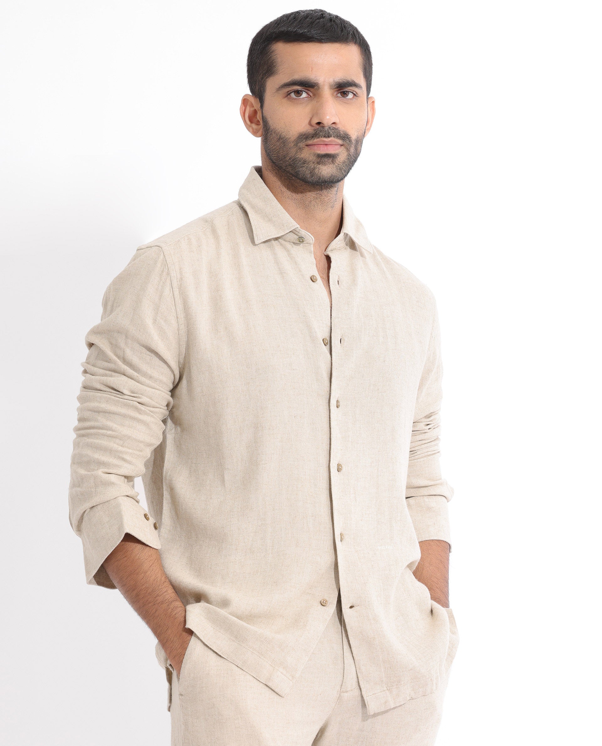 Rare Rabbit Men's Lunet Beige Linen Full Sleeves Solid Shirt