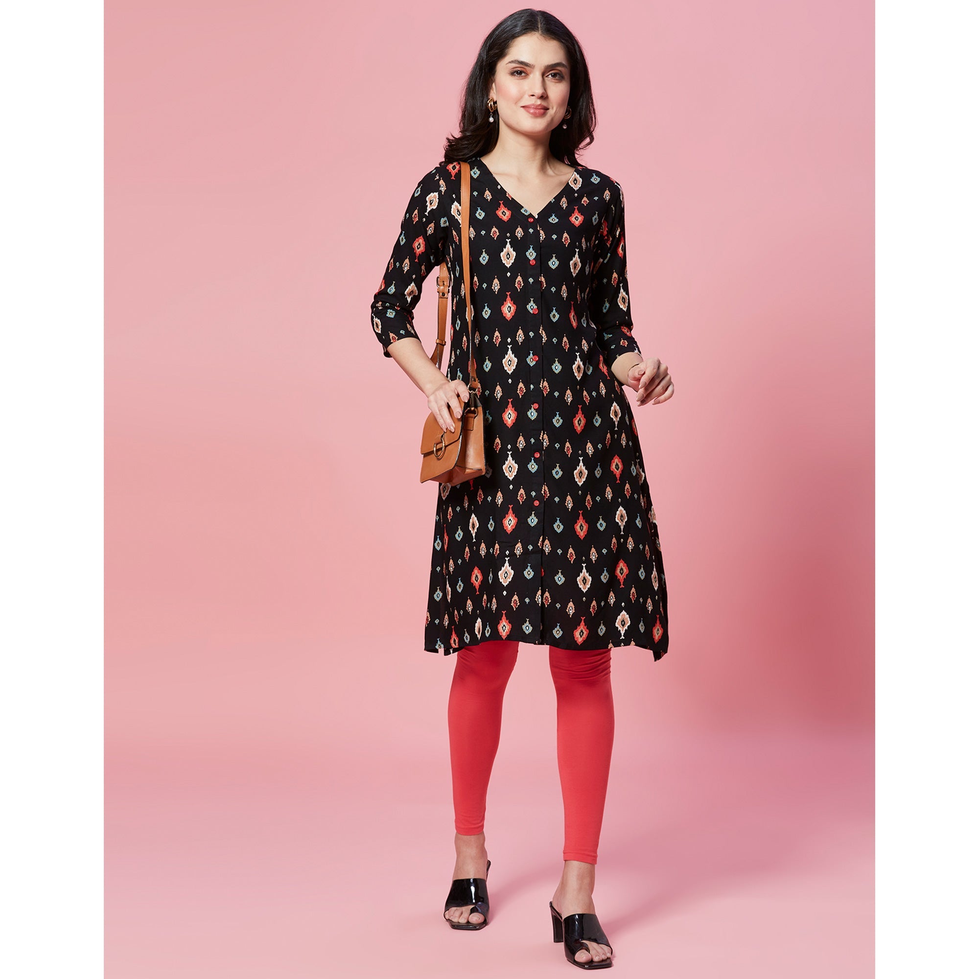 Peachmode Black Ikkat Printed Rayon Straight Kurti - view 8