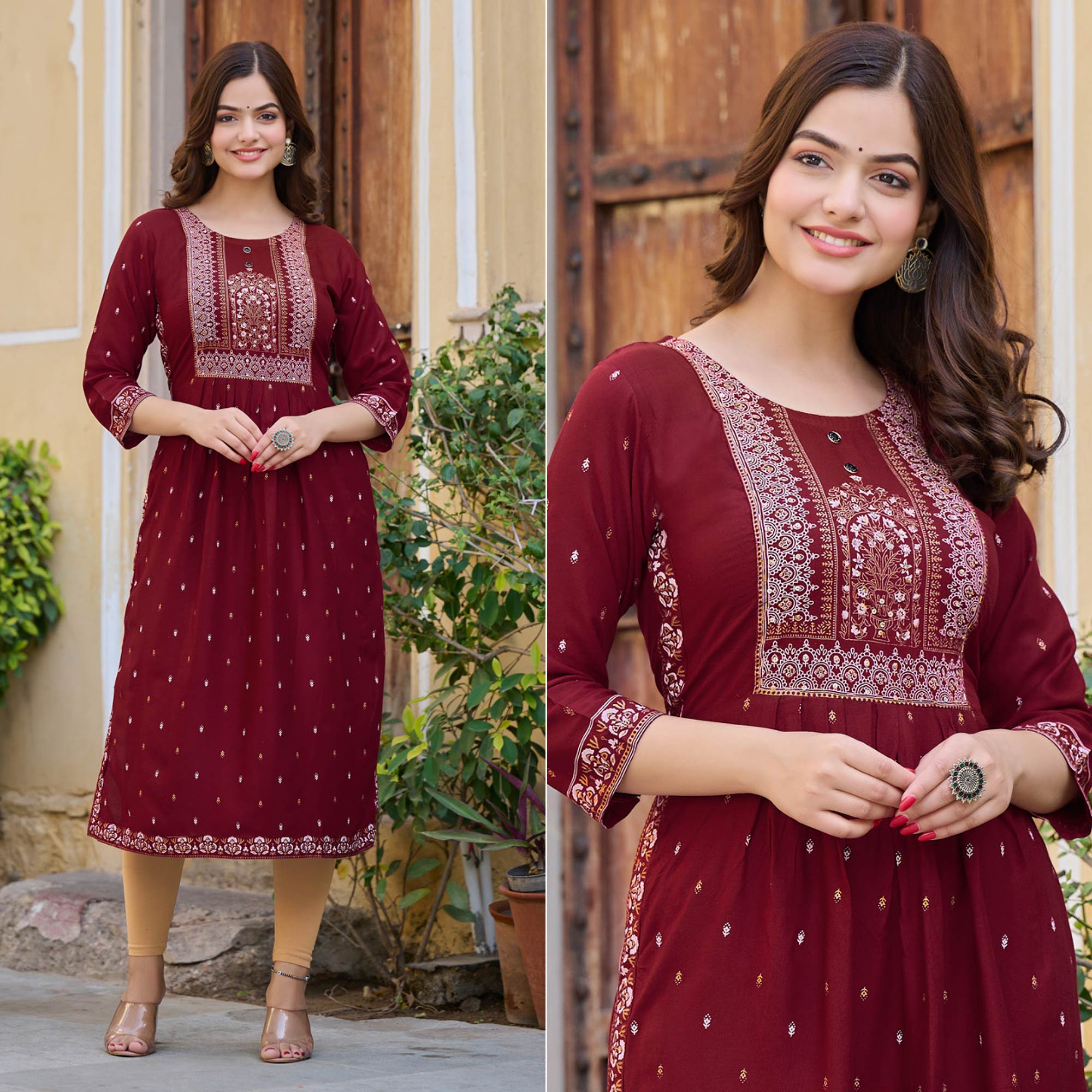 Peachmode Seller Maroon Printed Rayon Naira Cut Kurti