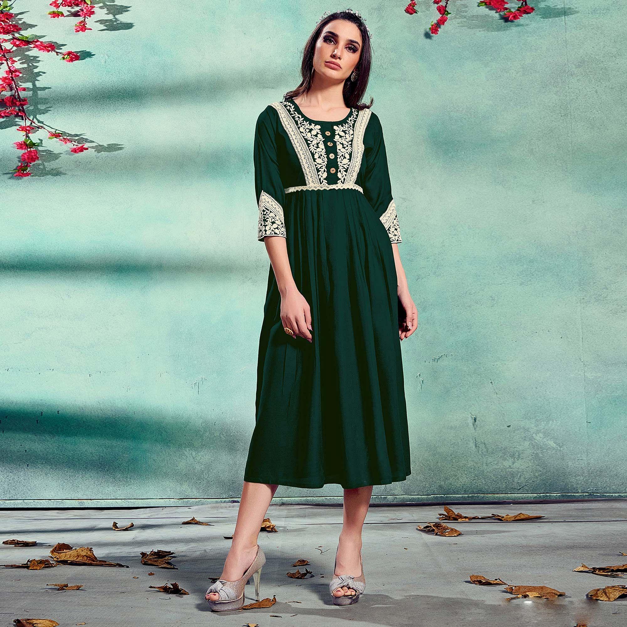 Peachmode Seller Fantastic Green Colored Partywear Lucknowi Embroidered Pure Rayon Fancy Kurti