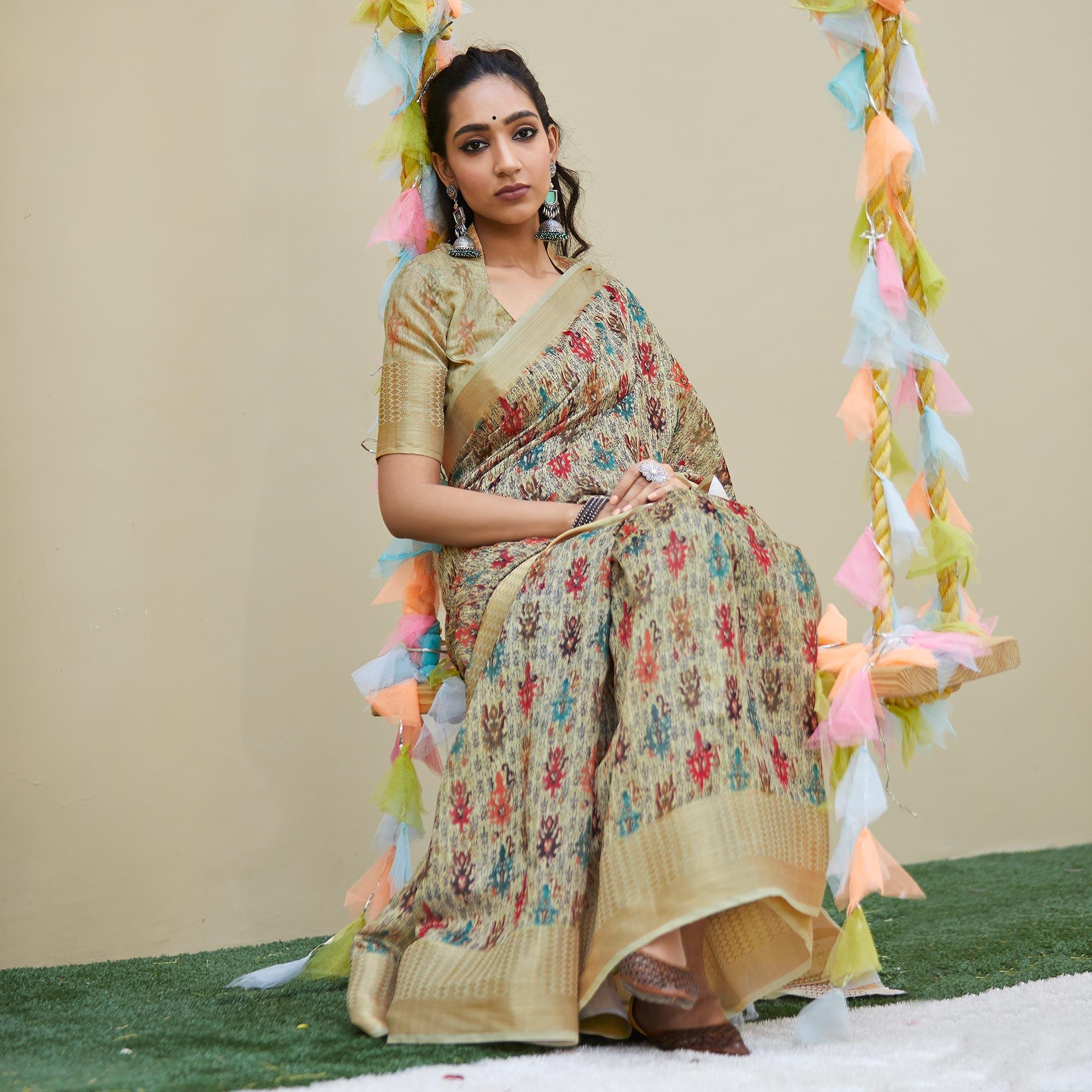Peachmode Captivating Beige Colored Party Wear Digital Printed Linen Saree