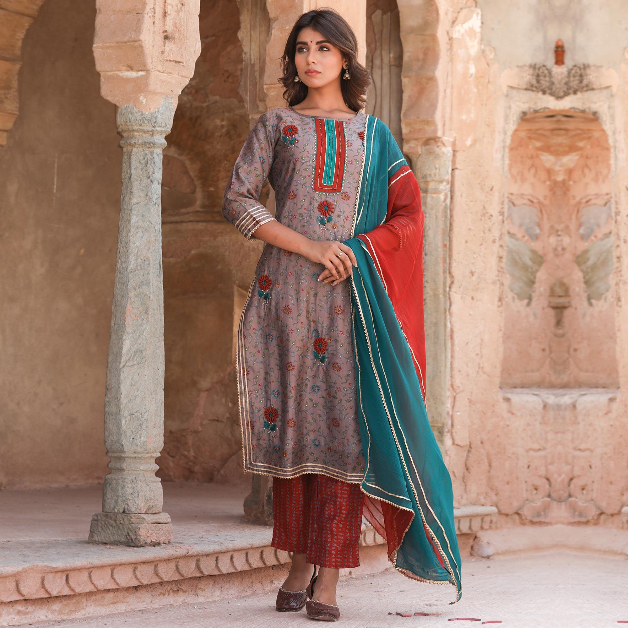 Peachmode Brown Partywear Floral Printed Cotton Kurti - Pant Set With Dupatta