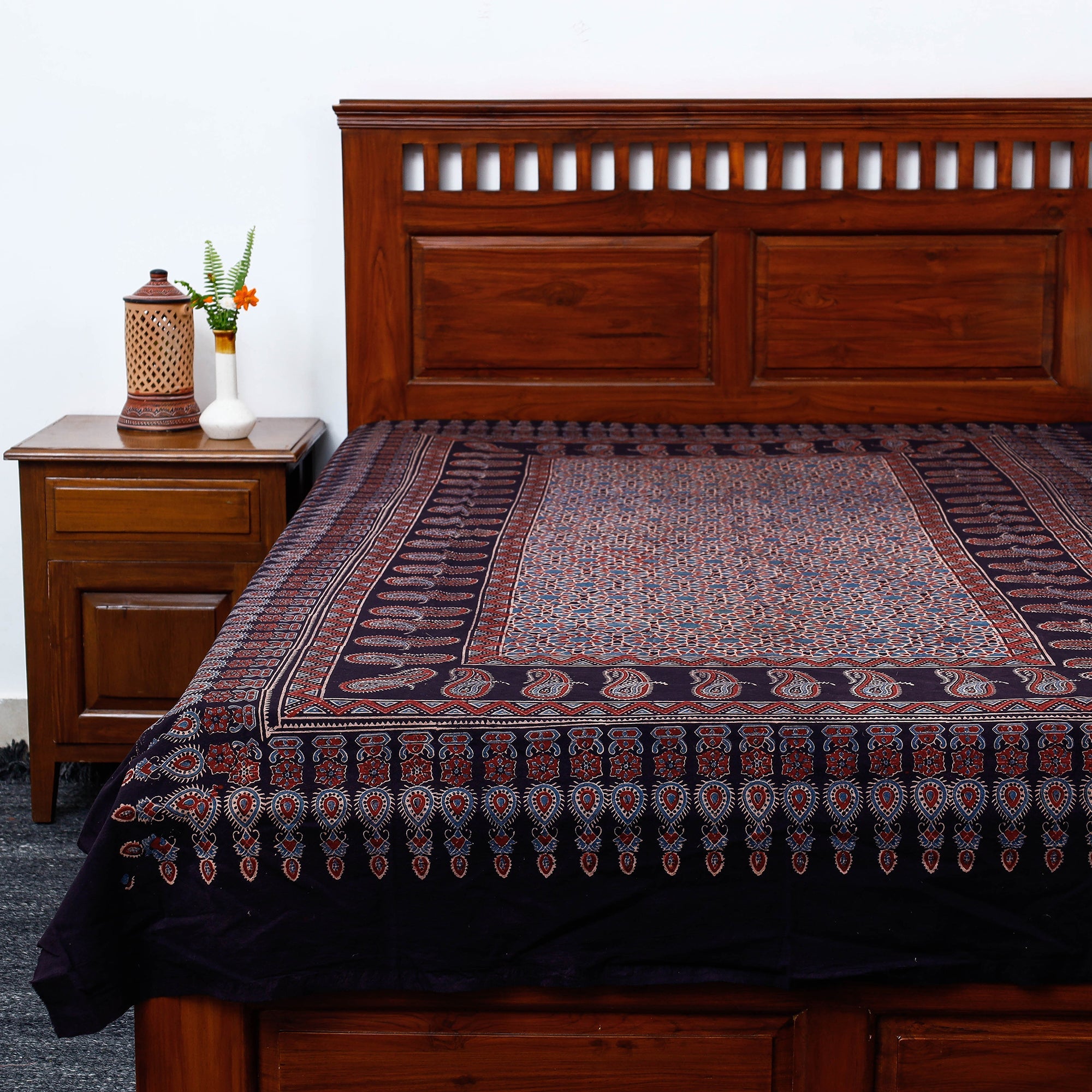 KACHCHH JI CHHAAP Black - Ajrakh Block Printed Cotton Single Bed Cover (90 x 60 in)