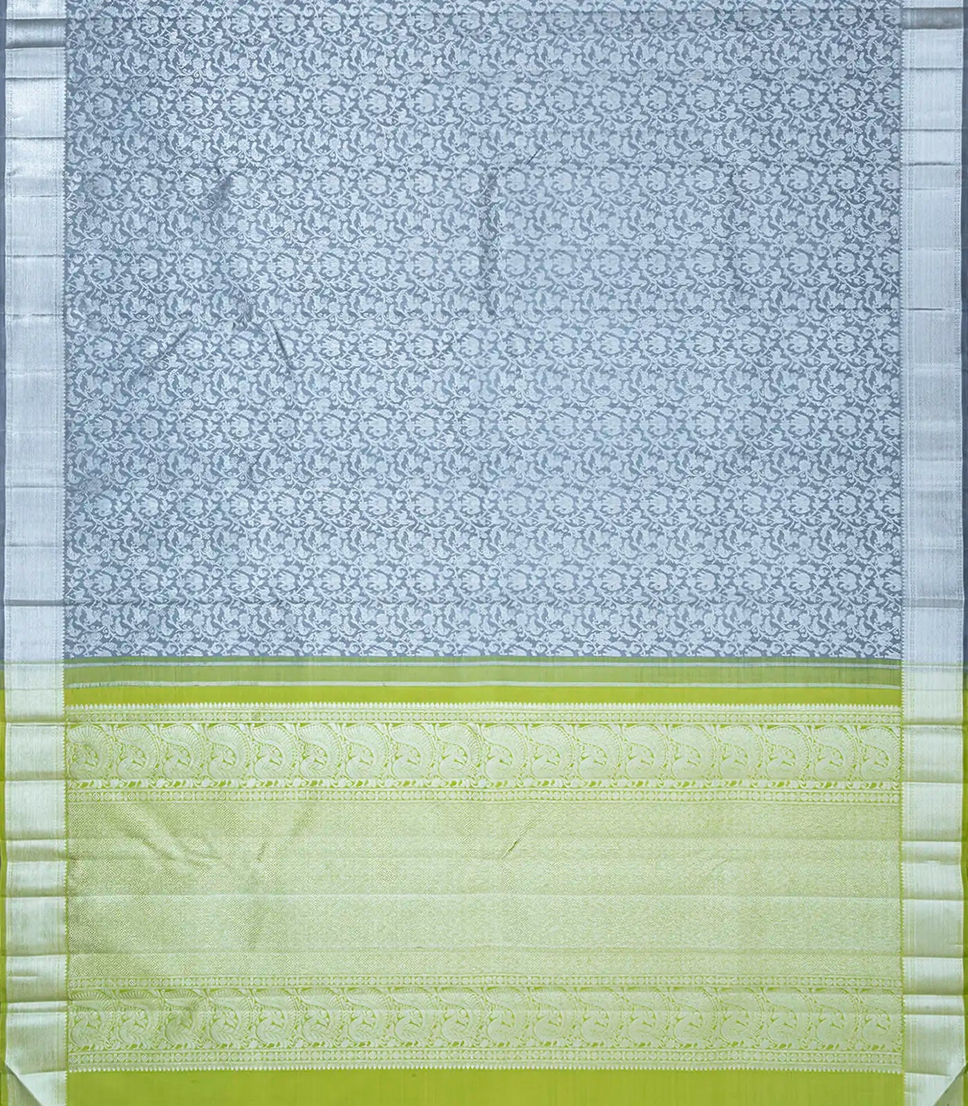 RmKV Grey Handwoven Kanchipuram Silk Saree With Floral, Peacock, Annam and Elephant Motifs In Silver Zari - view 2