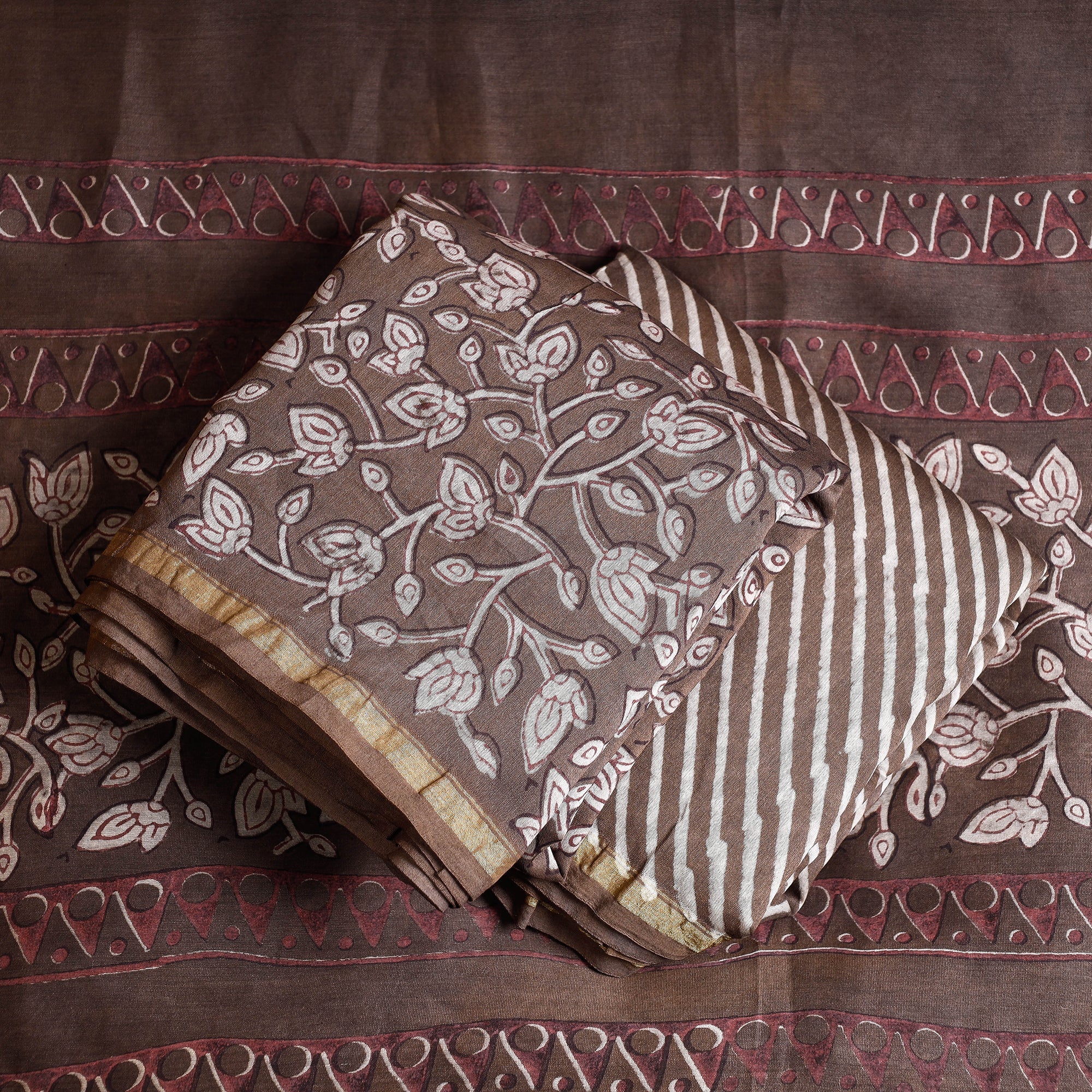 HAVELI CHRONICLES Brown - 3pc Akola Block Printed Chanderi Silk Suit Material Set - view 2