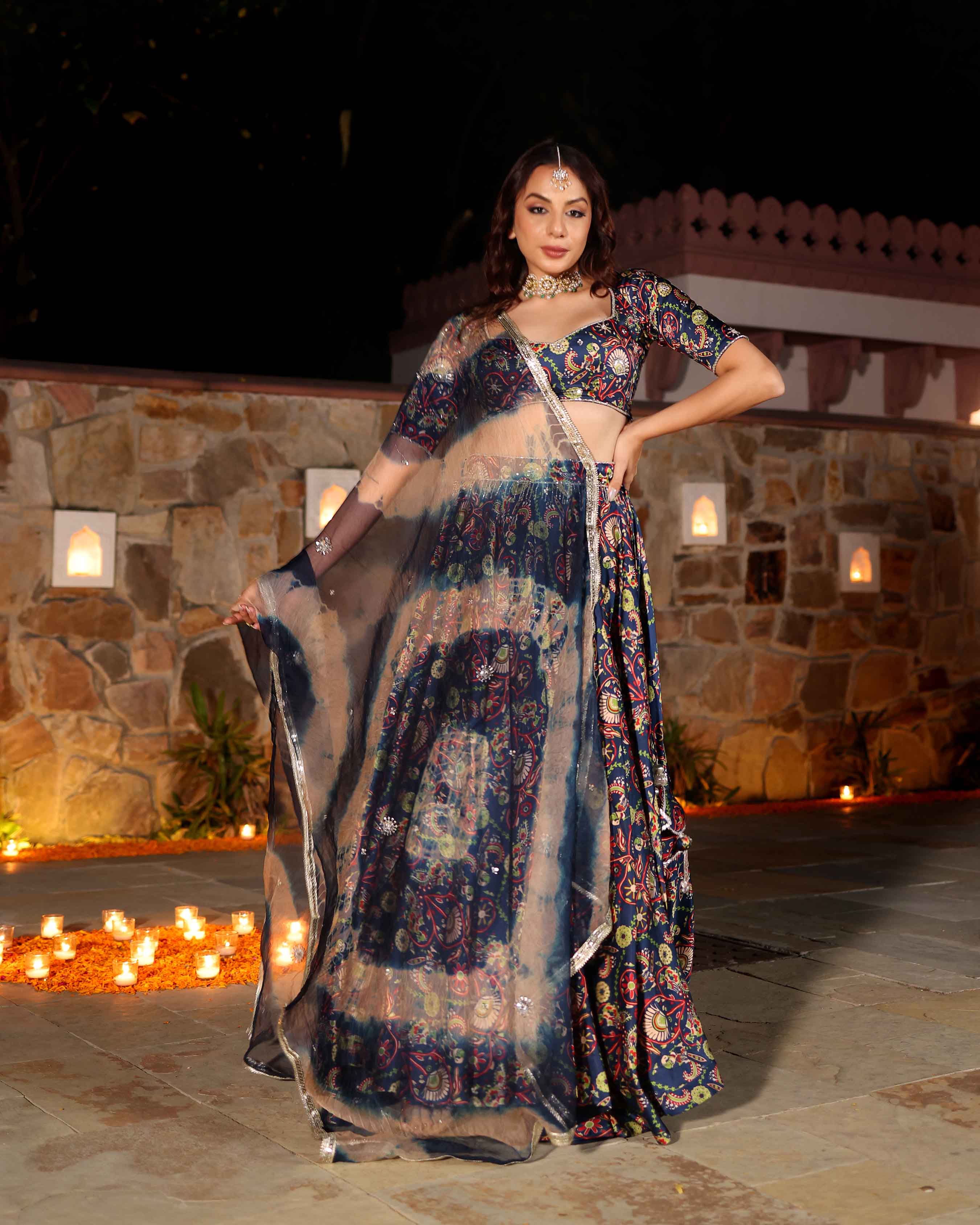 Aachho Laaya Blue Printed Hand Embroidered Satin Lehenga Set - view 6