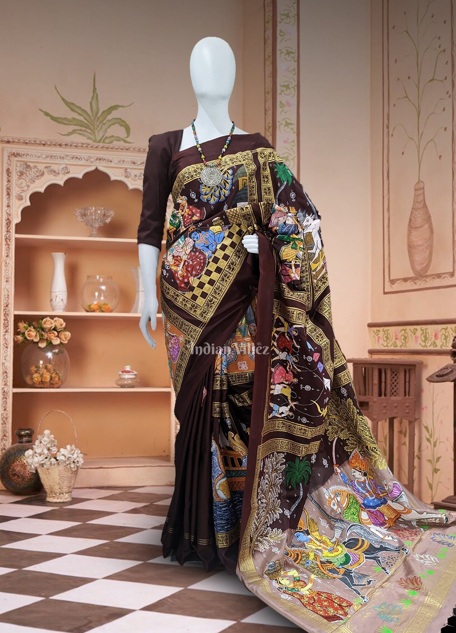 IndianVillèz Coffee & Maroon Hindu Festival Hand-Painted Pattachitra Saree