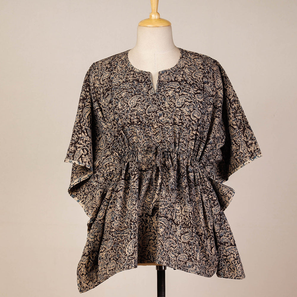CHUTNEY CRAFT STUDIO Black - Block Print Cotton Kalamkari Kaftan with Tie-Up Waist (Short)