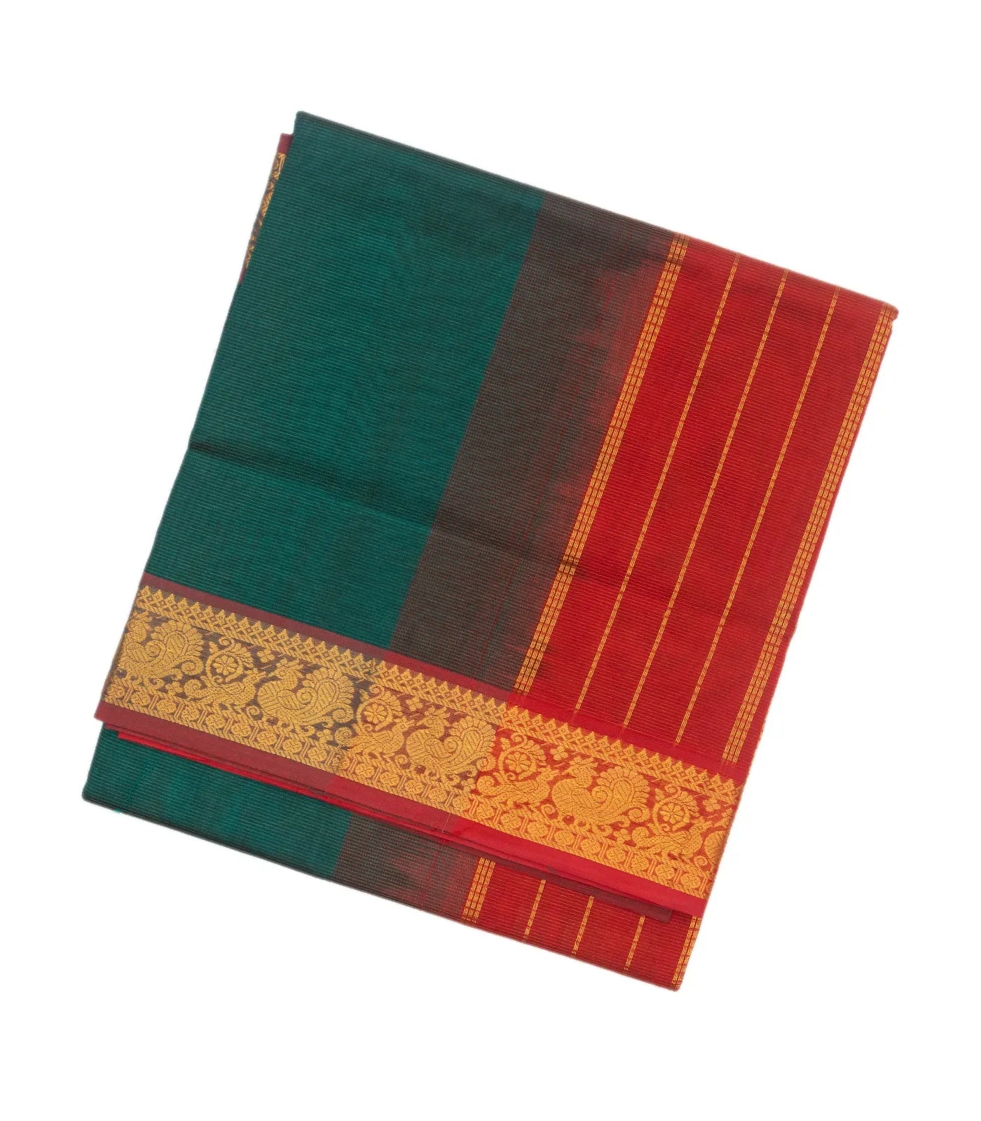 RmKV Teal Handloom Silk Cotton Saree With Contrast Red Border