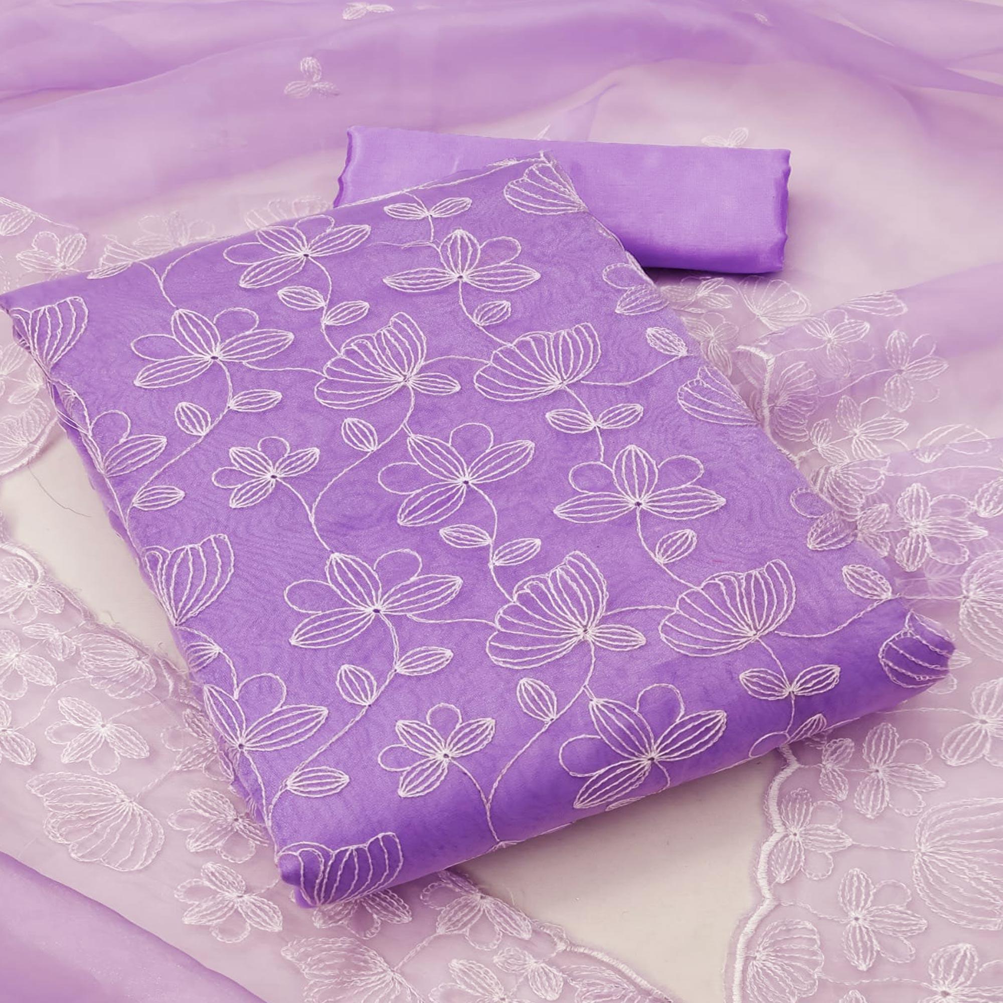 Peachmode Lavender Floral Embroidered Organza Dress Material