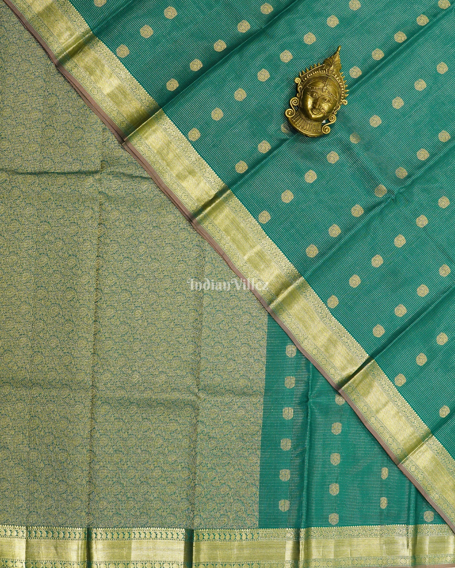 IndianVillèz Teal Green Golden Stripped Pure Kanjivaram Silk Saree - view 2