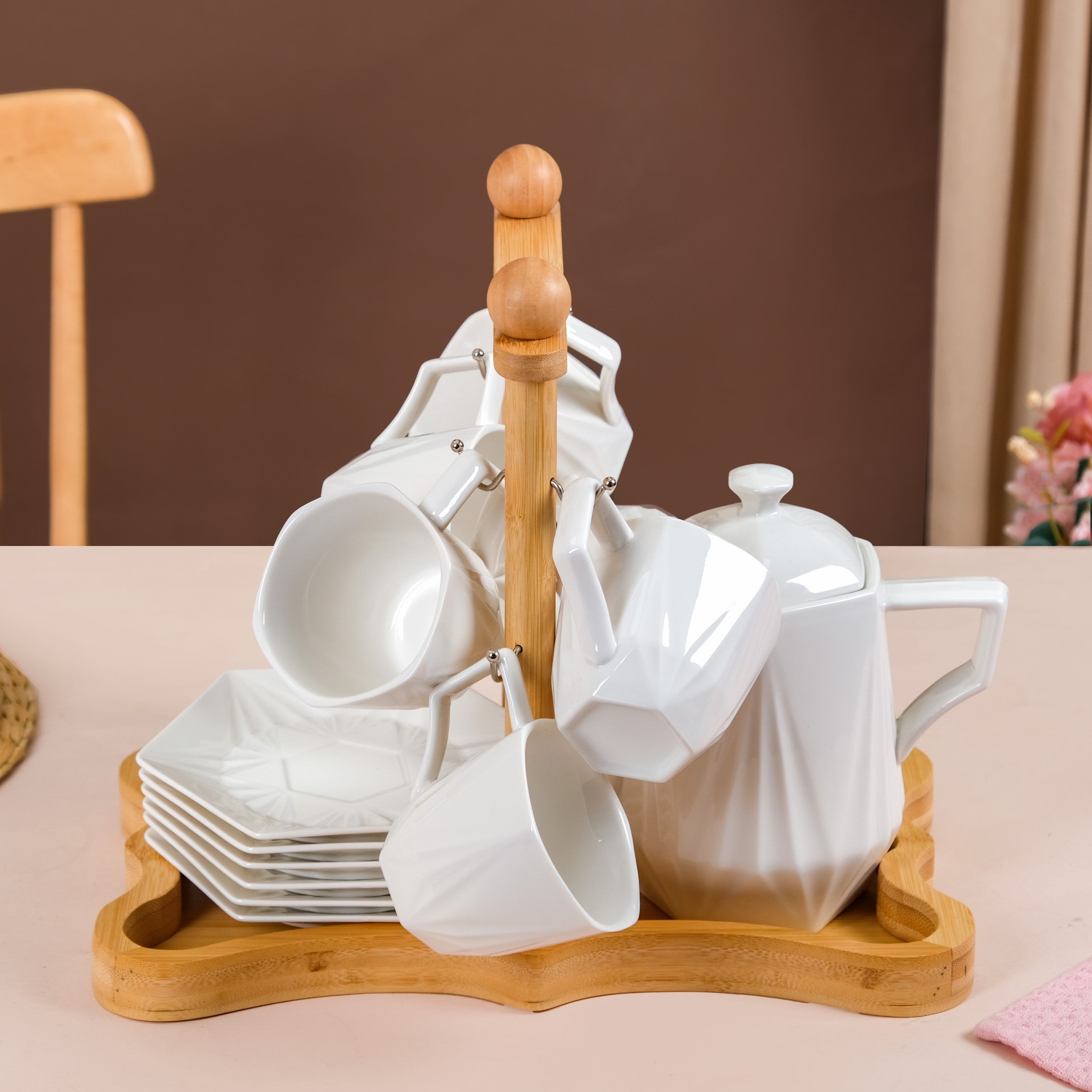 Nestasia Hexagonal Minimalist White Tea Set With Wooden Stand - view 3