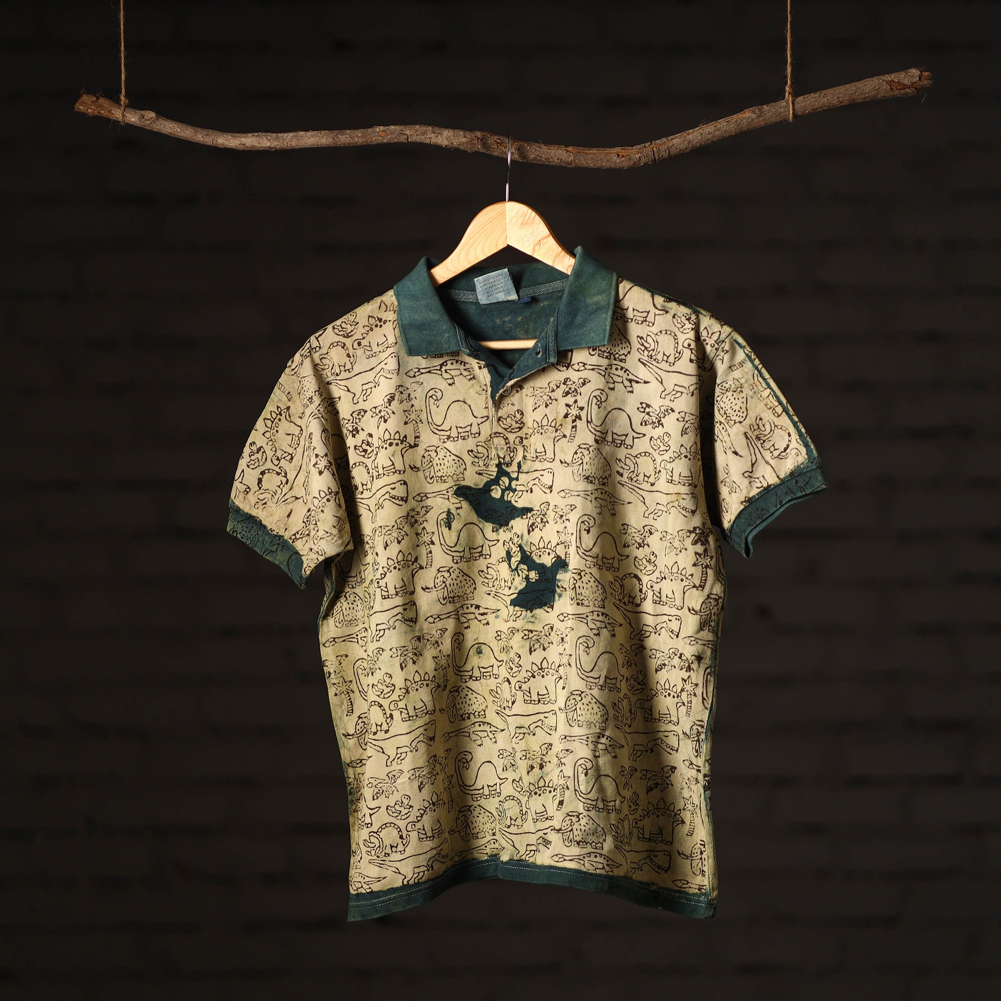 BINDAAS UNLIMITED Beige - Bindaas Natural Dyed Art Block Print Polo Collar T-shirt in Pure Cotton