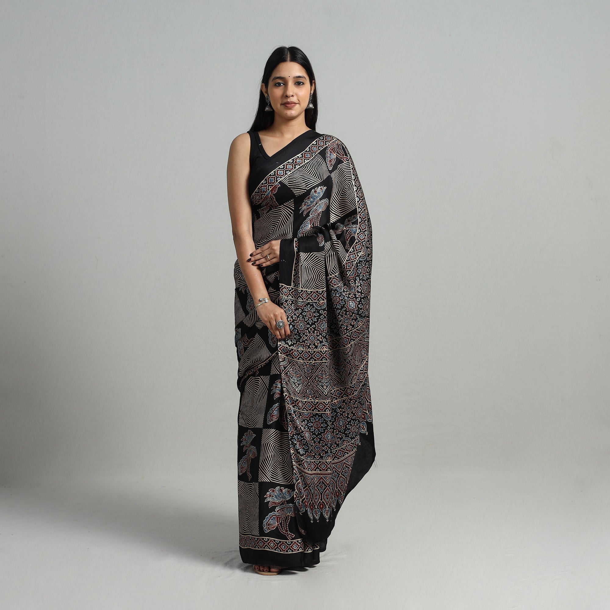 KACHCHH JI CHHAAP Black - Natural Dyed Hand Block Print Modal Silk Ajrakh Saree 14