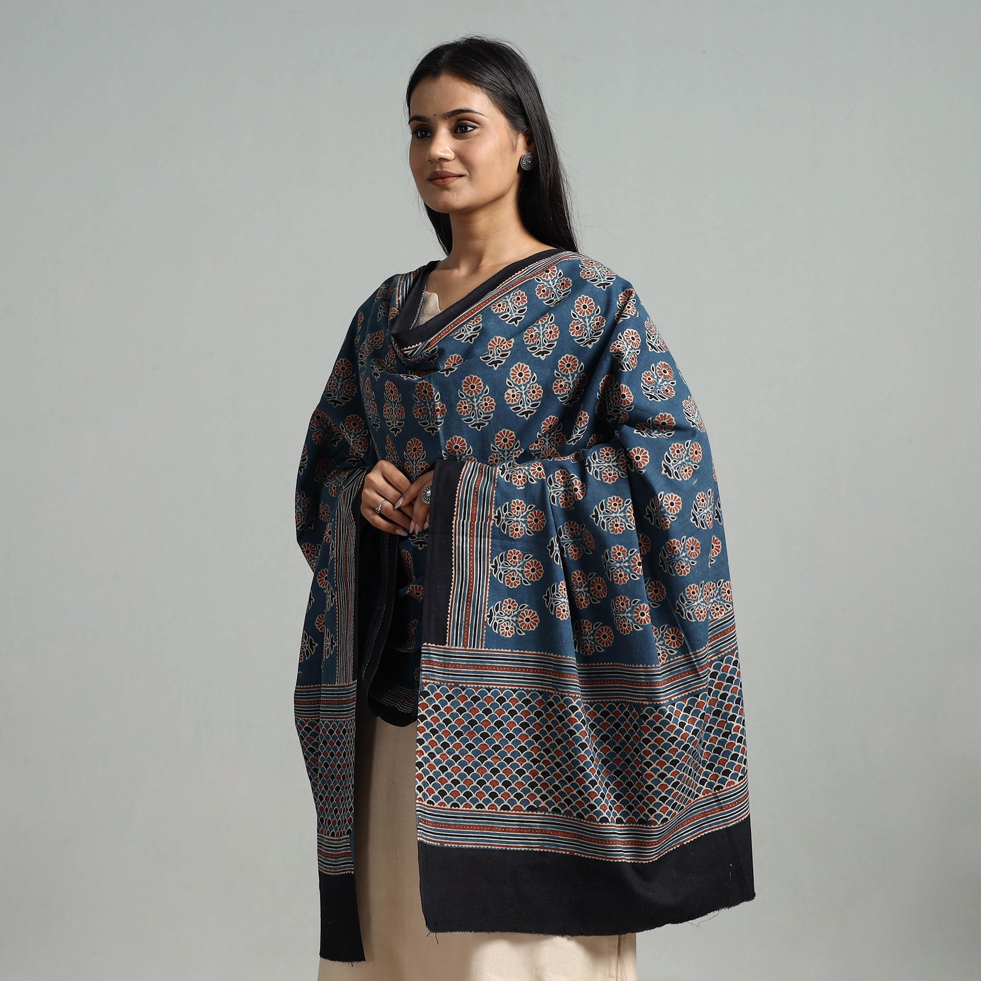 KACHCHH JI CHHAAP Blue - Hand Block Printed Cotton Ajrakh Dupatta 05